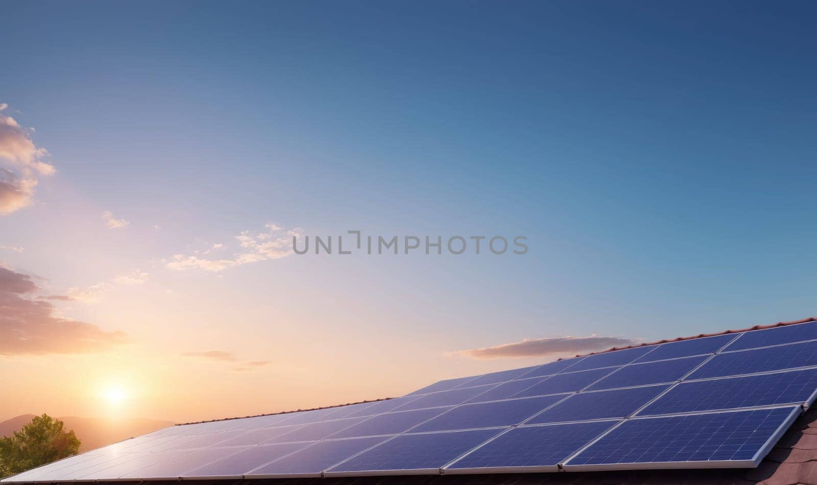 The image shows a solar panel array on a rooftop with a sunset in the background. Clouds are visible in the sky, and some vegetation is seen in the foreground. The scene is peaceful and serene.