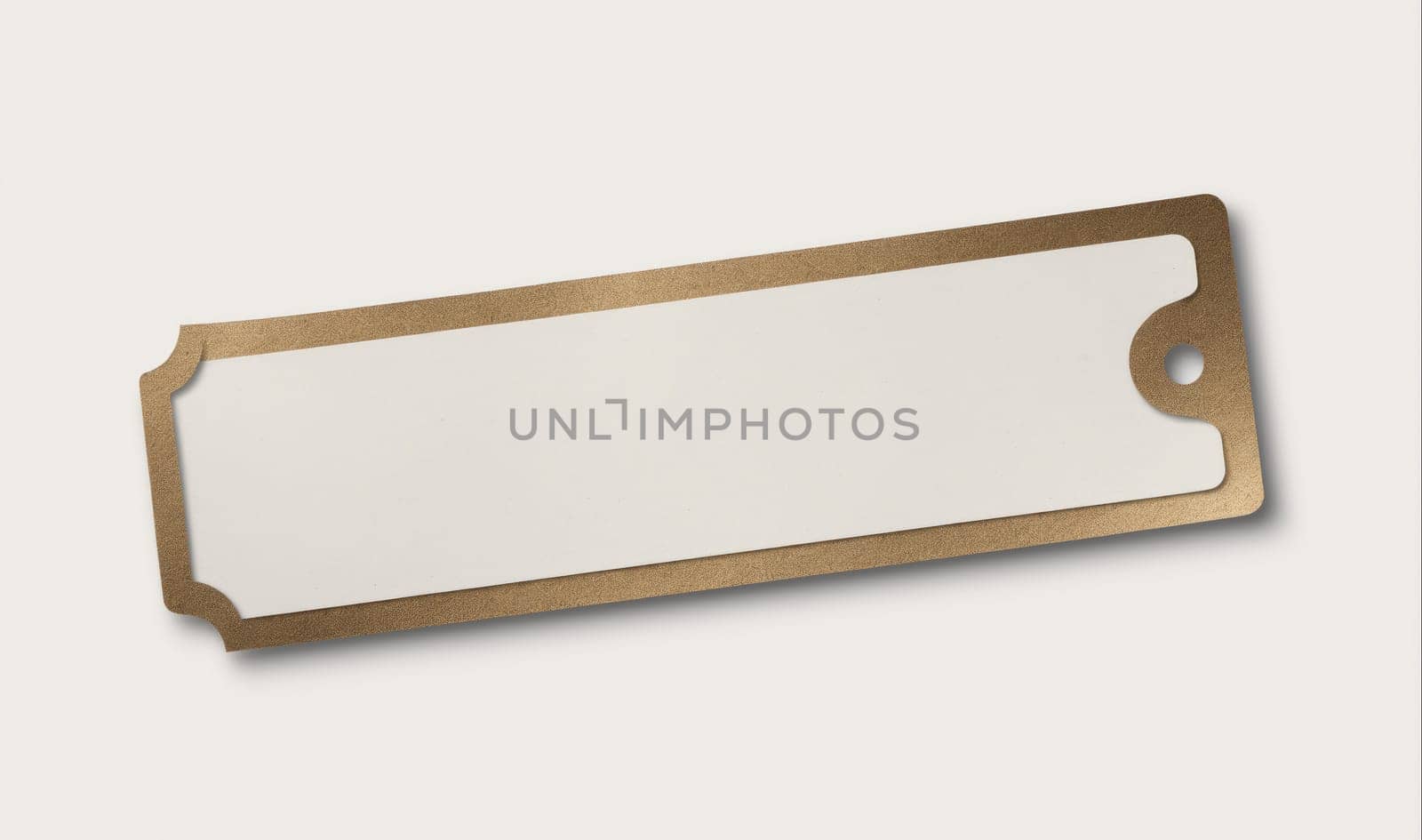 A long, thin tag with a white surface and a gold border is displayed against a white backdrop. The tag has a rounded corner on the left side and a rounded corner with a small hole on the right side.