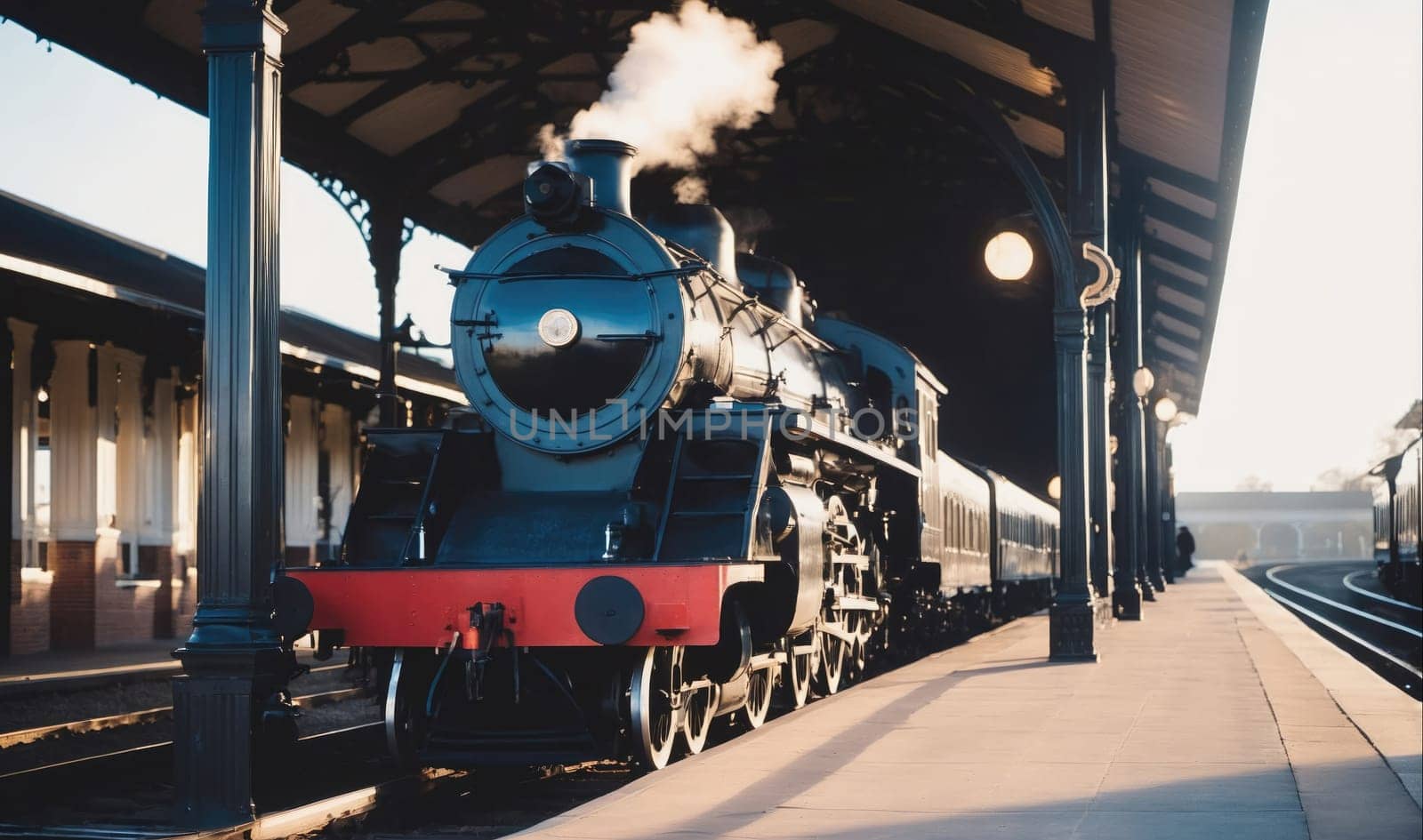A steam locomotive is pulling out of a train station. The locomotive is blue and black and has a red stripe along the bottom. It is emitting a plume of steam from its chimney. The train is on a track and is moving to the right. The train station is in the background and is made of brick. There are several pillars along the platform.