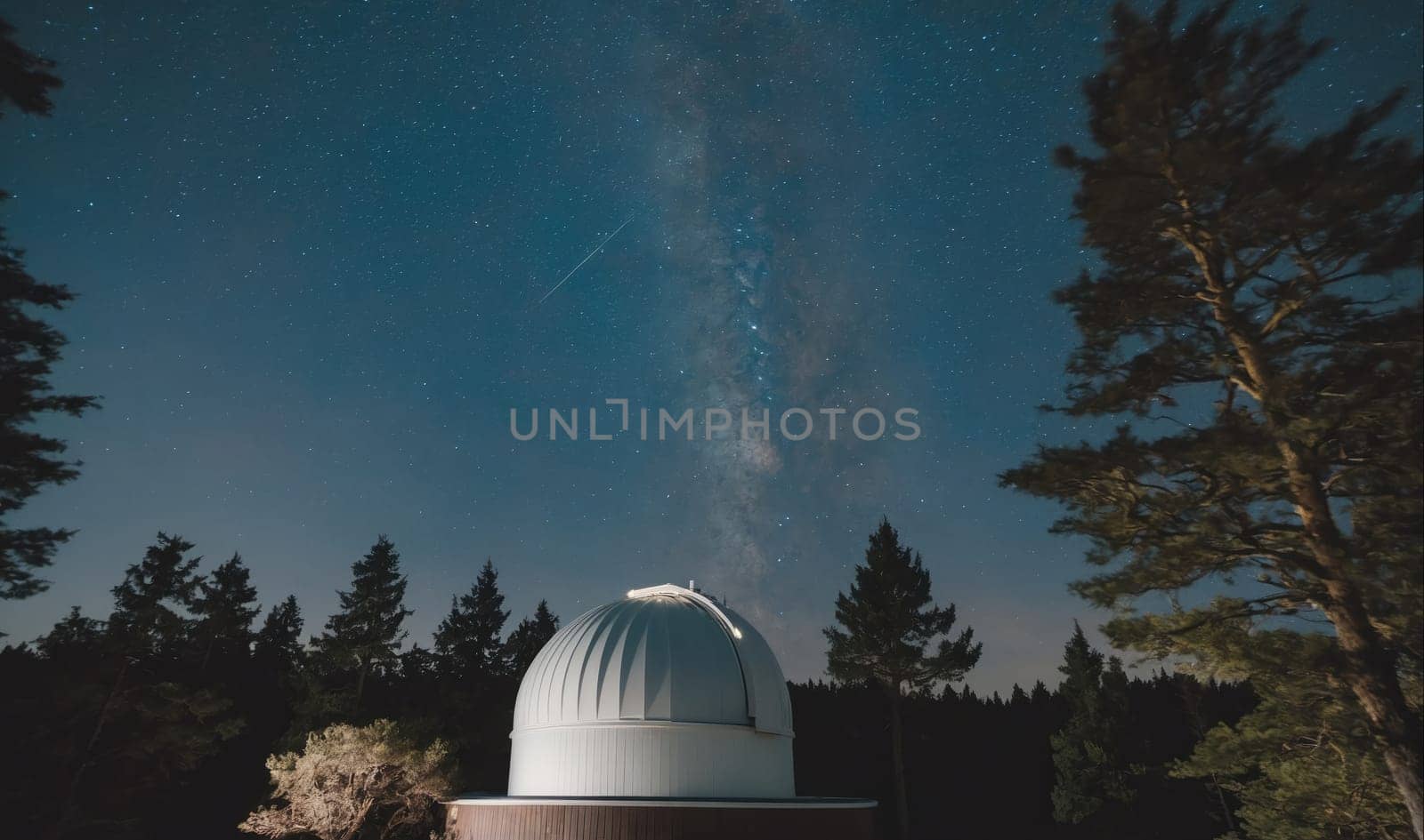 A white observatory dome is situated in a dark forest. The dome is made of metal and has a circular shape. The Milky Way is visible in the night sky above the dome. The sky is dark blue with many stars visible. The forest is dense and the trees are tall and slender. The scene is peaceful and serene.