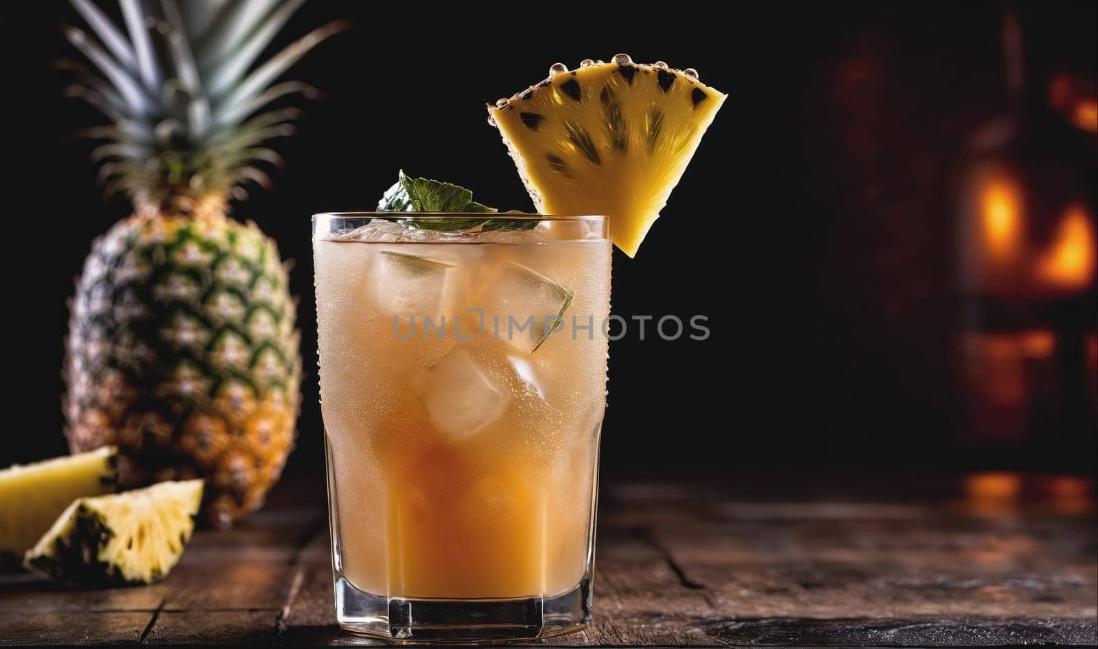 A glass of pineapple juice sits on a wooden table in front of a blurry background. The glass is filled with ice and a slice of pineapple. The juice is a light orange color. A whole pineapple sits in the background.