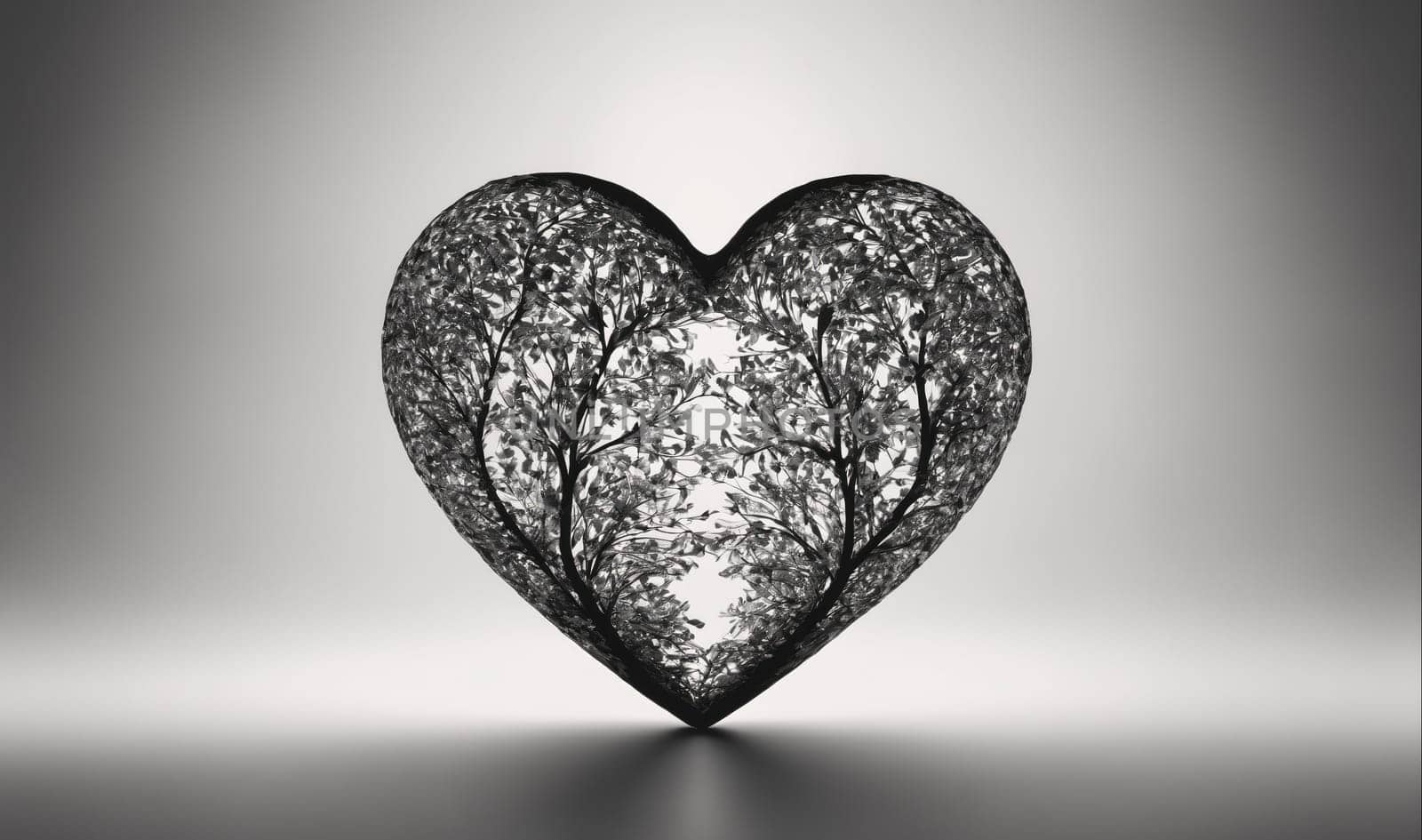 The sculpture is a black and white image of a heart shape formed by branches with trees growing through it. The trees appear to be growing through the heart shape, creating a visual representation of love and nature. The sculpture is set against a plain background and is the only focus of the image.