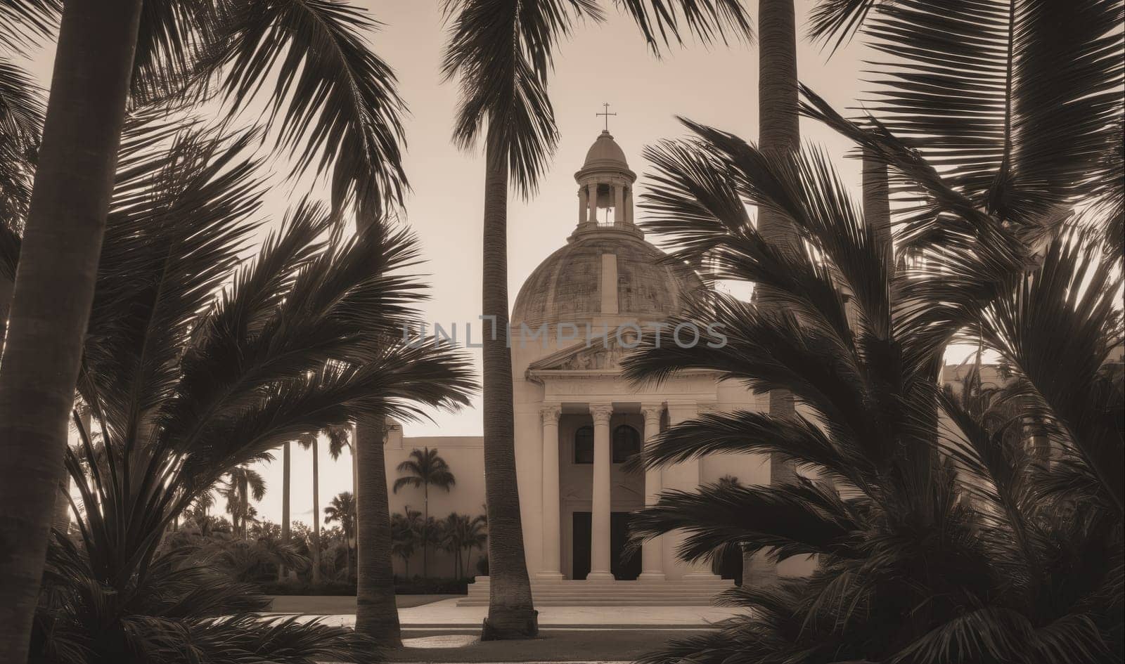 A church building with a dome stands behind a group of palm trees. The church is white and has a cross on top. The trees are tall and have long leaves. The sky is a light blue and there are no clouds in the sky.