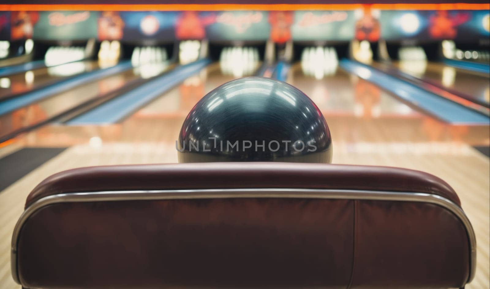 A bowling ball rests on a red, padded seat in a bowling alley. A lane is in the background with wood flooring and blue and orange lines.