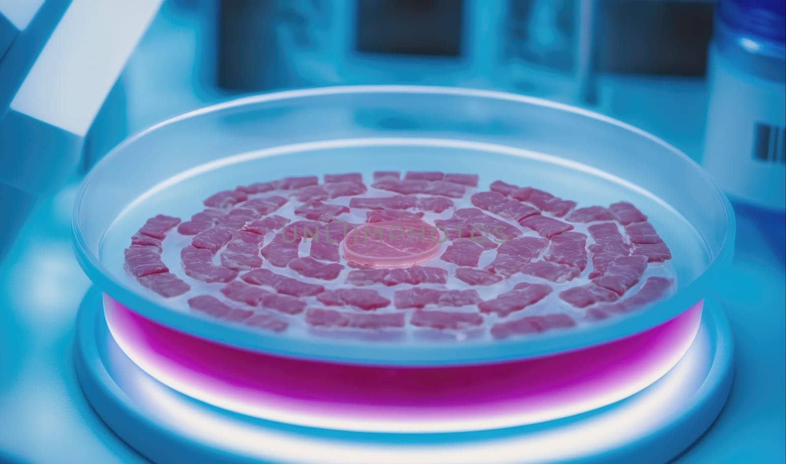 A petri dish with cultivated meat sits on a rotating platform in a laboratory. The meat is arranged in a spiral pattern, and the dish is illuminated by a bright light. The dish is sitting on a platform that is rotating, and the platform is illuminated by a ring of light.