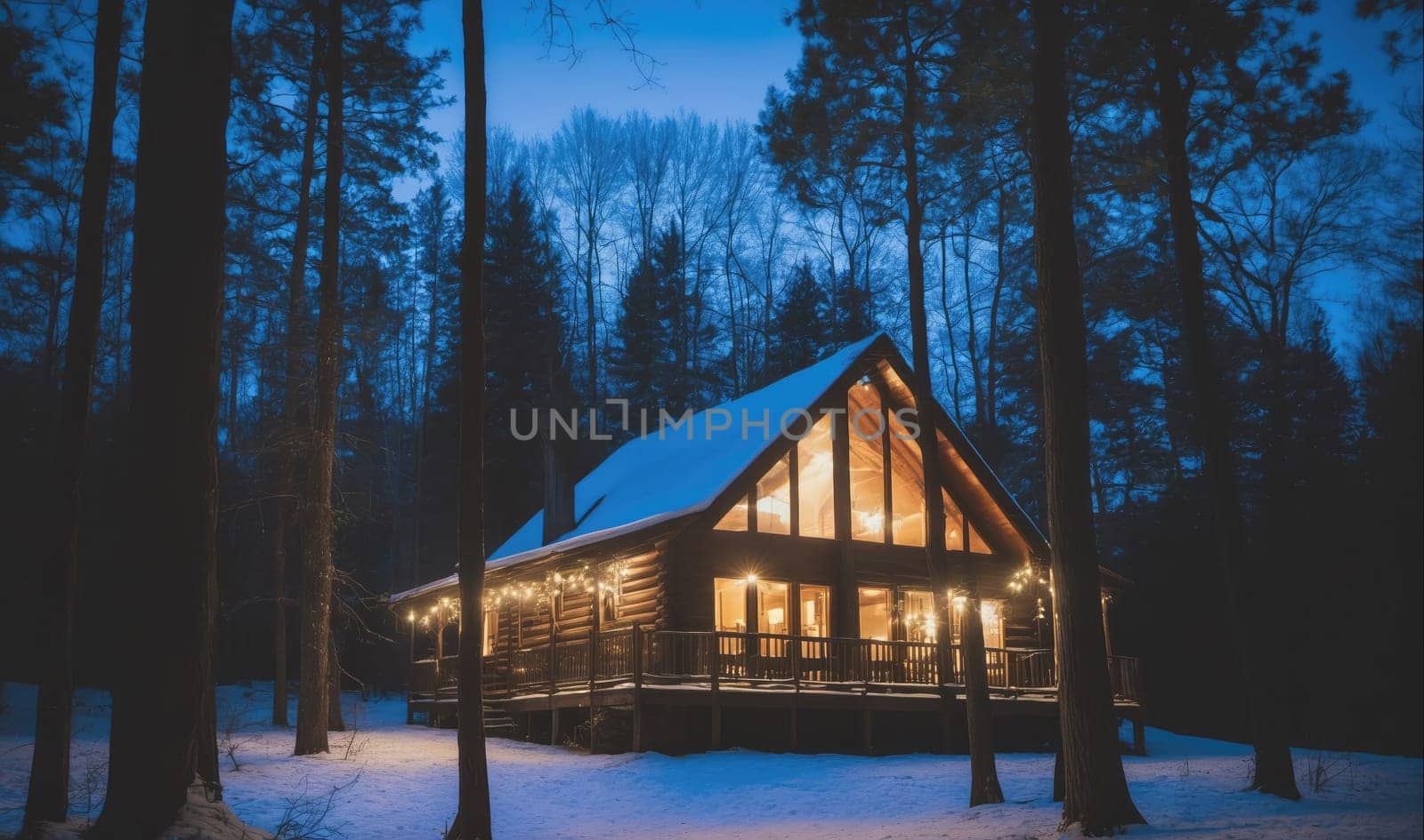 A cabin is surrounded by tall trees and snow. The cabin has lights on and a large window on the front.
