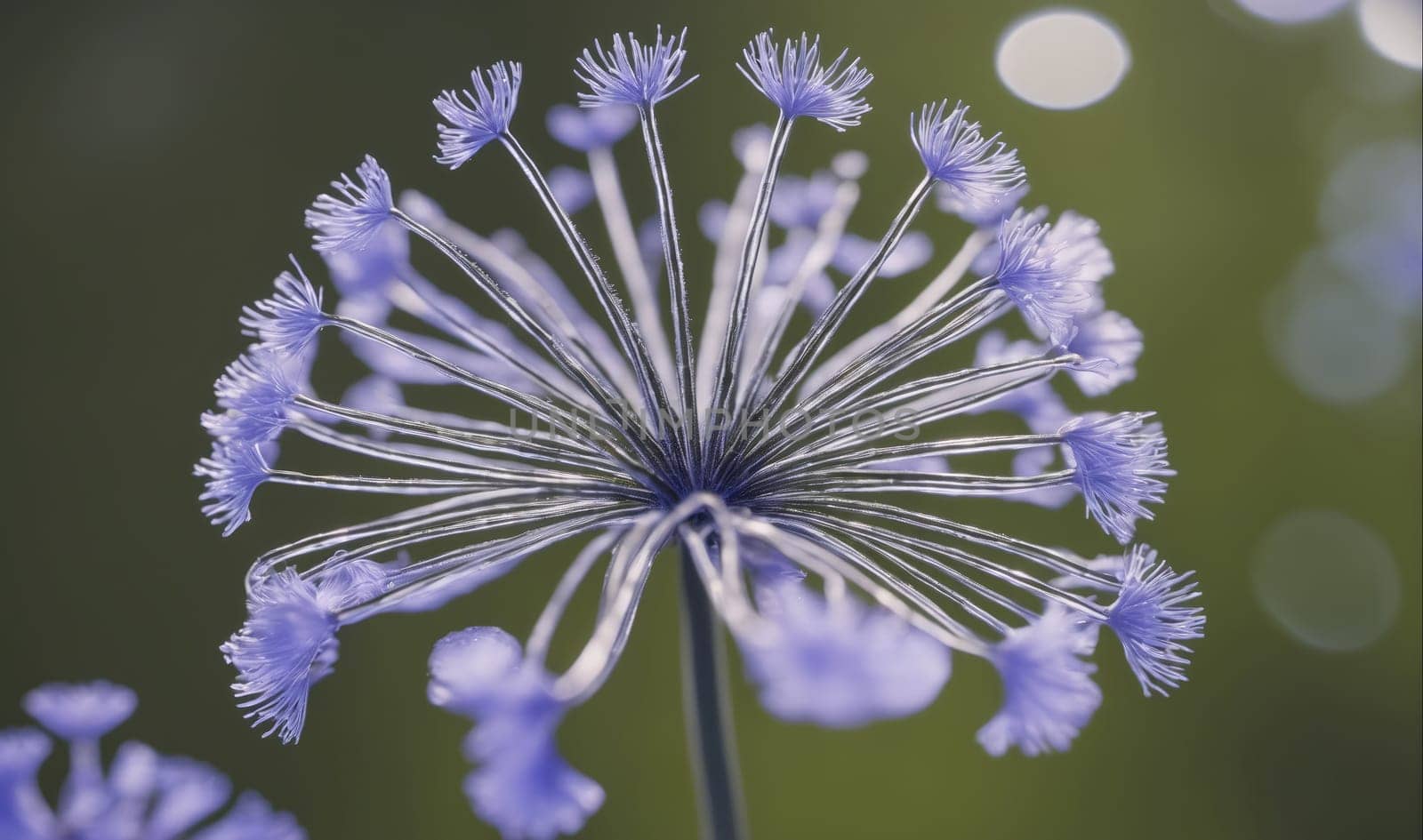 A purple flower with many thin, delicate petals growing in a garden. The flower is in focus, and the background is blurred. The flower appears to be in bloom and is surrounded by a green background. The sun is shining brightly, and the petals of the flower appear to be lit up by the light.