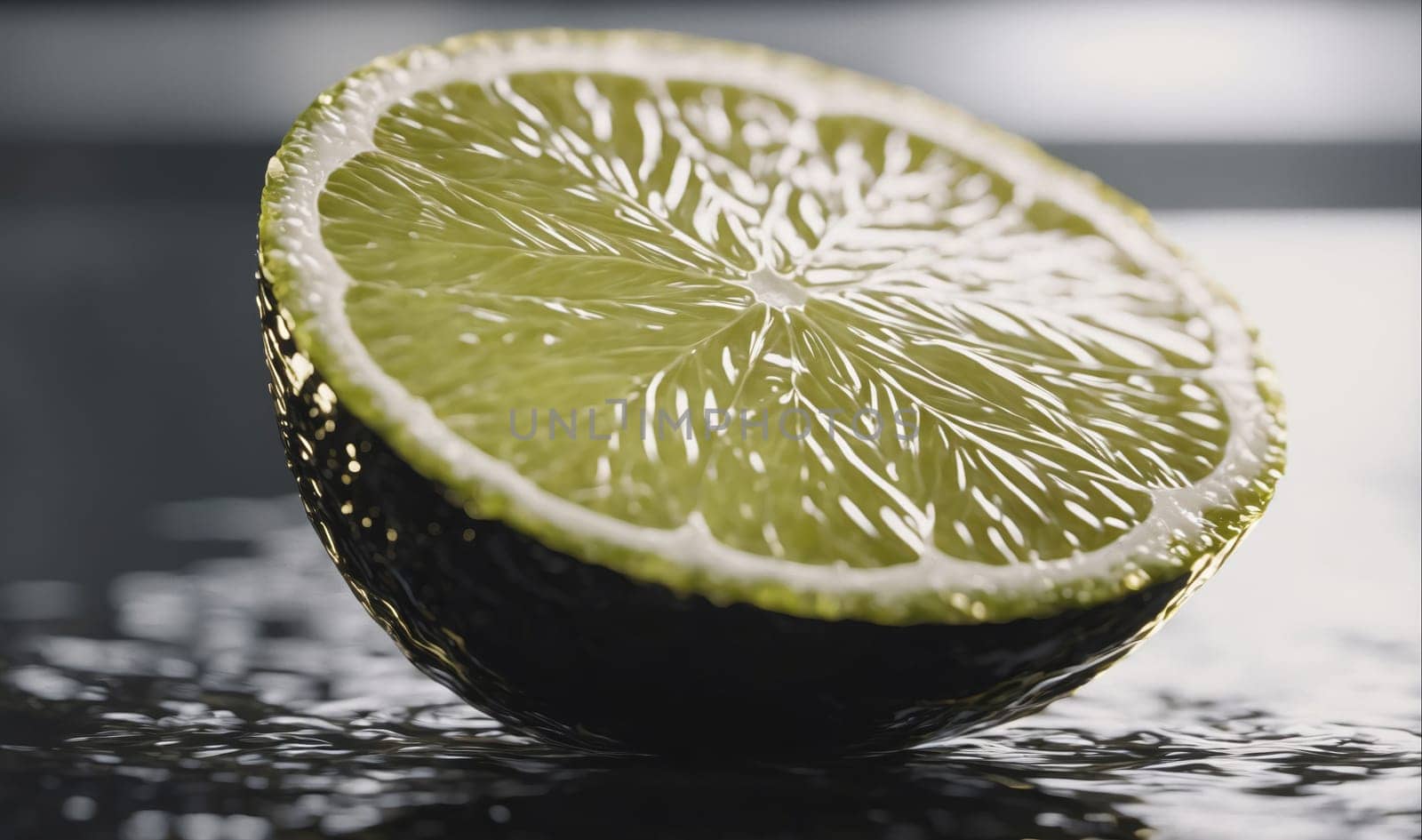 A lime wedge sits on a dark, wet surface. The wedge is sliced in half and the inside is visible. The lime is wet and glistening, and the surface is wet and reflects light.