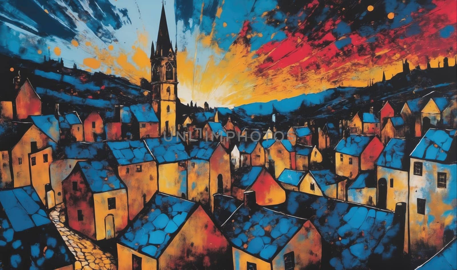 The painting shows a small village nestled in a valley. The houses are all different colors, with blue roofs and yellow walls. In the background, a tall church tower rises above the town. The sky is a vibrant mix of blue, orange, and red, as if the sun is setting.