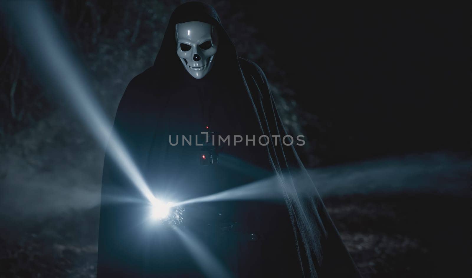 A person wearing a black robe and a white skull mask is standing in a dark forest. Bright light from an unknown source shines across the scene.