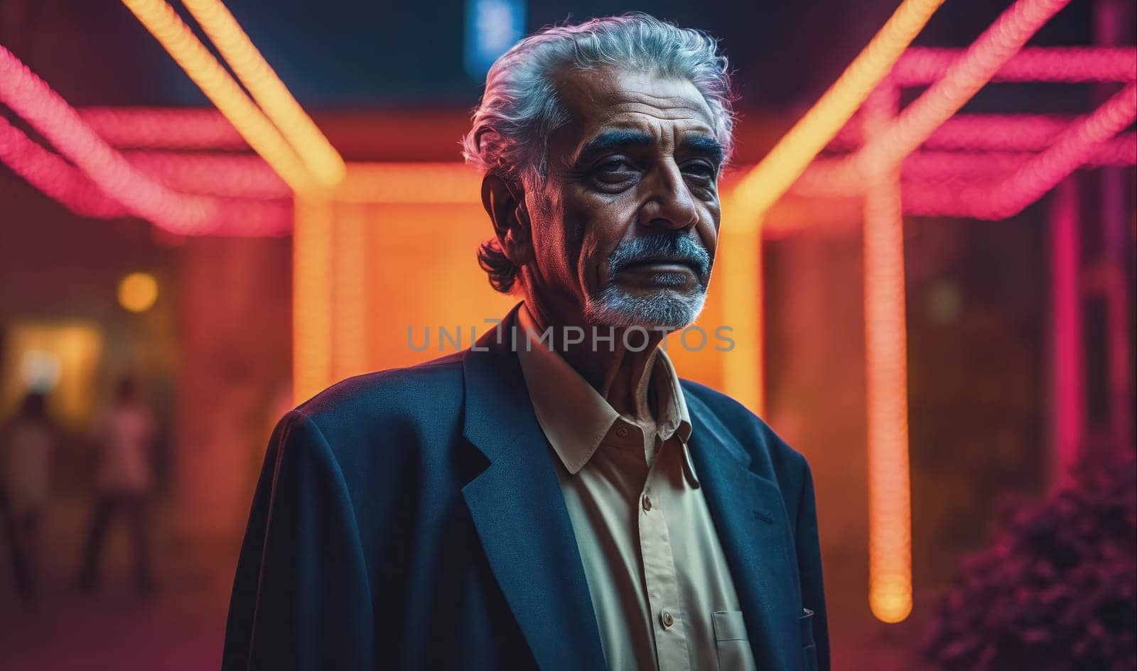 The image shows an older man standing in front of a bright neon sign at night. He is wearing a blue jacket over a light-colored shirt. The man is looking forward with a serious expression on his face. He is standing in front of a bright orange and red neon sign, which is making the image look a bit surreal. The colors in the background are warm and inviting, while the colors of the man's clothes are cool and subdued.