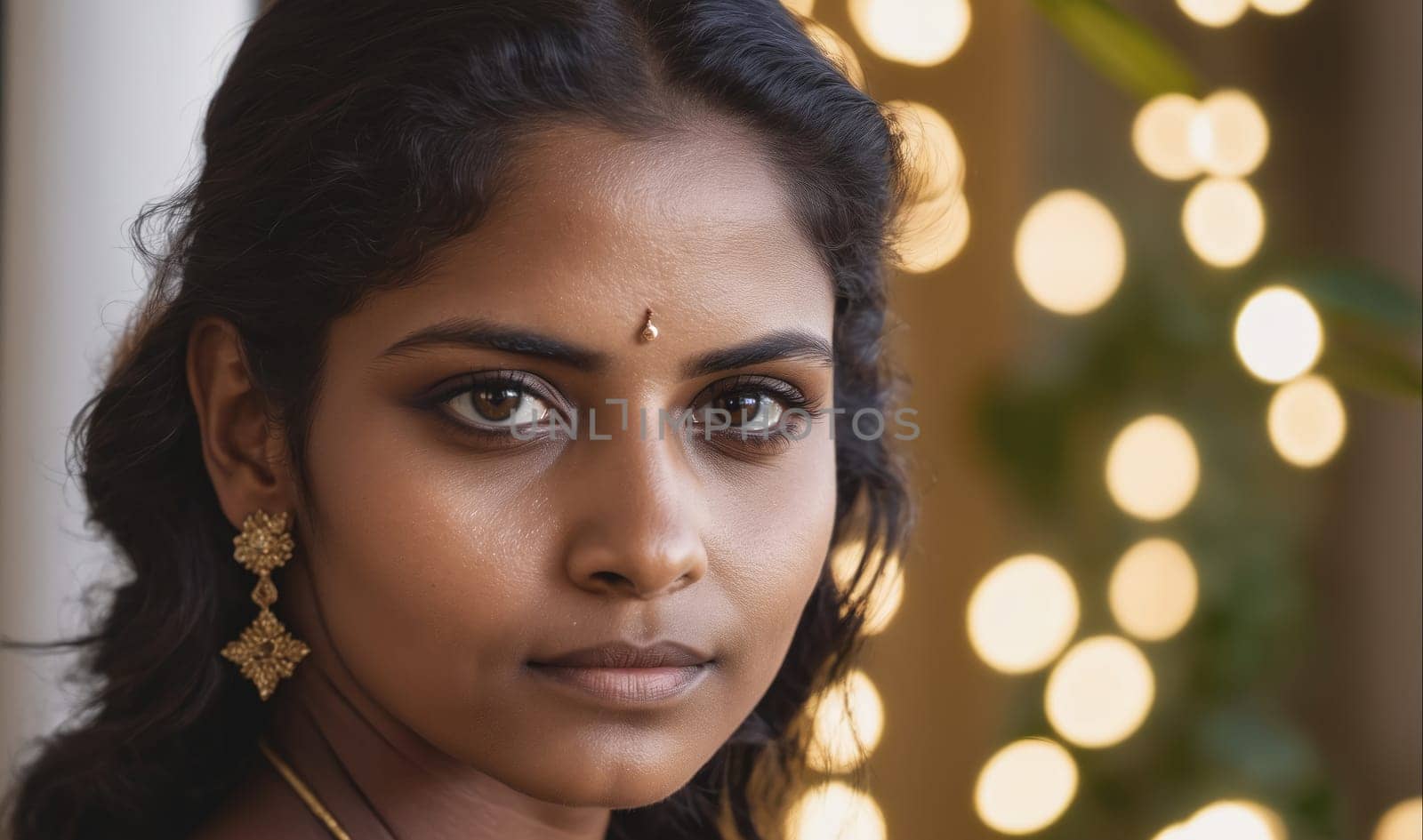 A close-up portrait of a young woman with dark hair pulled back from her face. She is wearing gold earrings and a bindi on her forehead. Her eyes are dark and her lips are slightly parted. The background is a blur of out-of-focus lights.