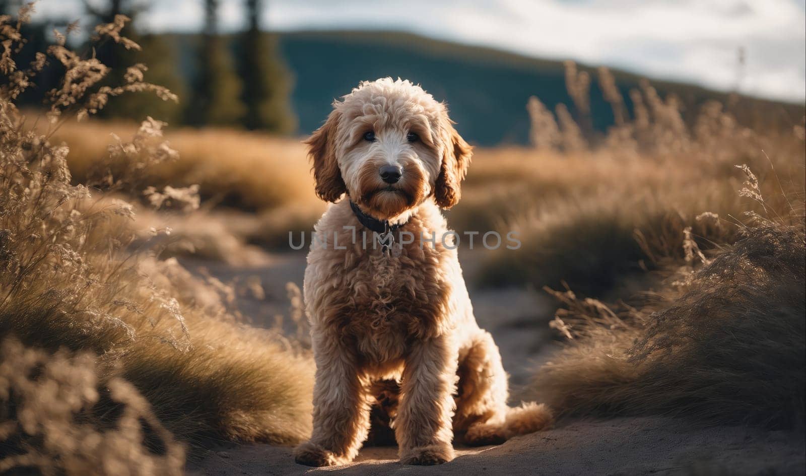 A brown dog sits on a trail in the woods. The dog is wearing a collar and has a white patch of fur on its head. It is surrounded by tall, brown grass. The background is blurry and out of focus.