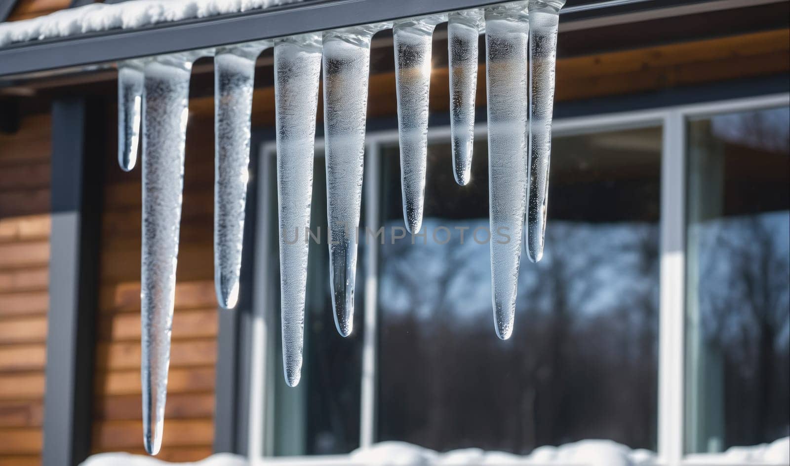 A close-up of several icicles hanging from the edge of a roof. The icicles are all different lengths and some are starting to melt. The roof is made of a dark material and the background is blurry.