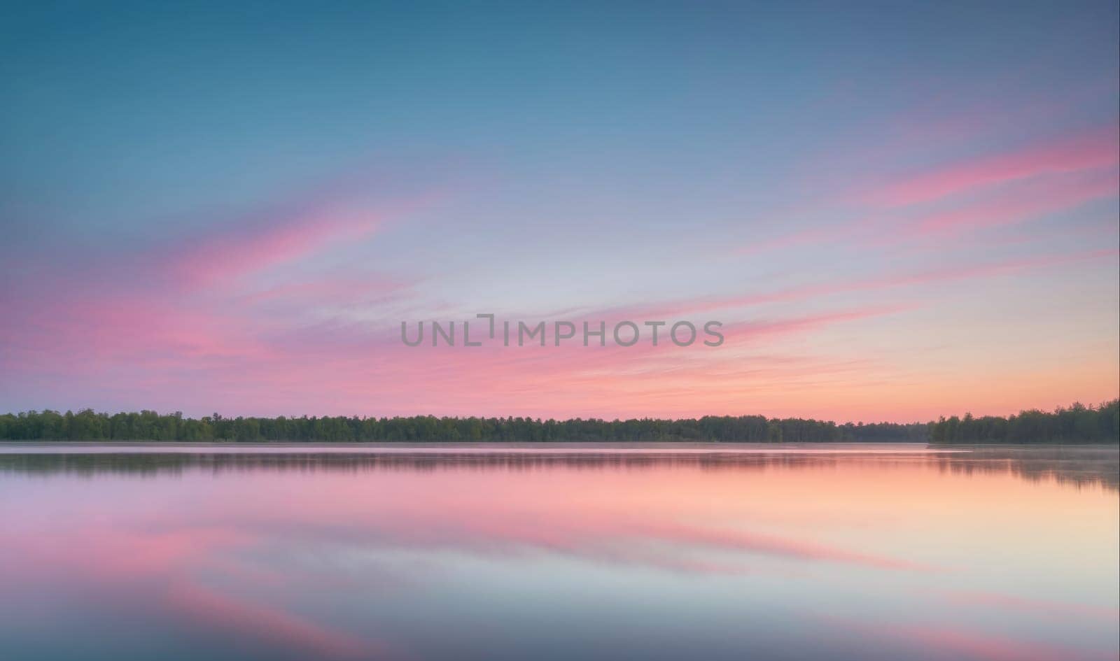 A calm body of water reflects a beautiful sky with pastel pink and blue clouds. The sunset is casting a warm glow over the water. There are trees in the distance along the shoreline, which are slightly obscured by the soft light.