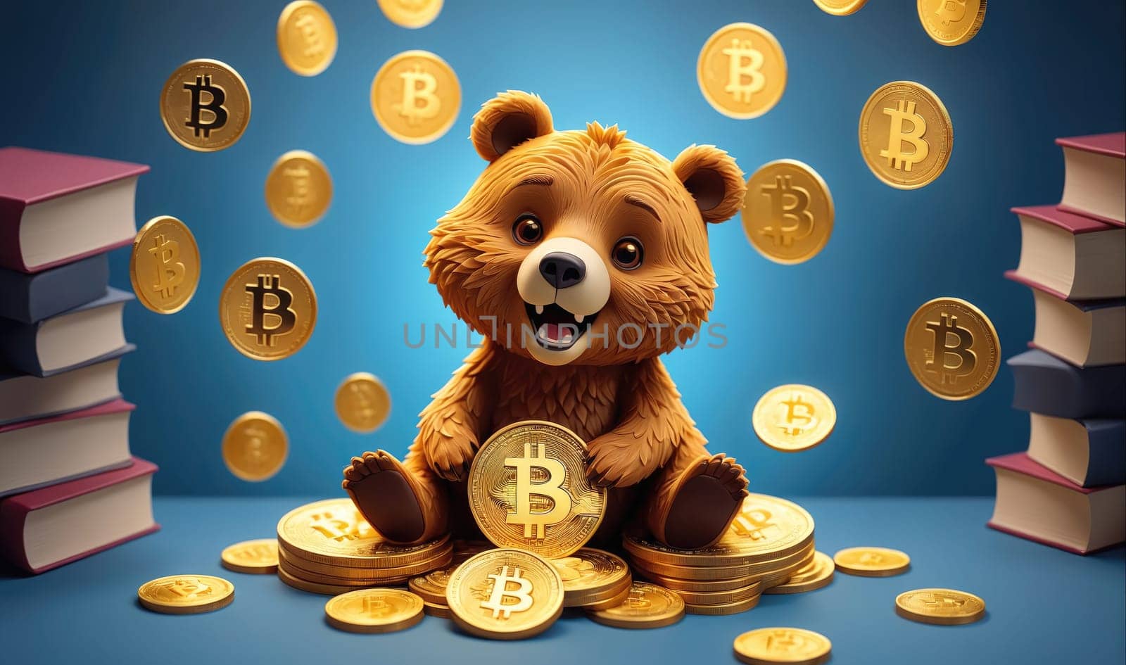 A cartoon bear sits on a pile of gold coins, with more coins raining down from the sky, and a stack of books behind the bear. The bear is smiling and holding a gold coin in its paws.