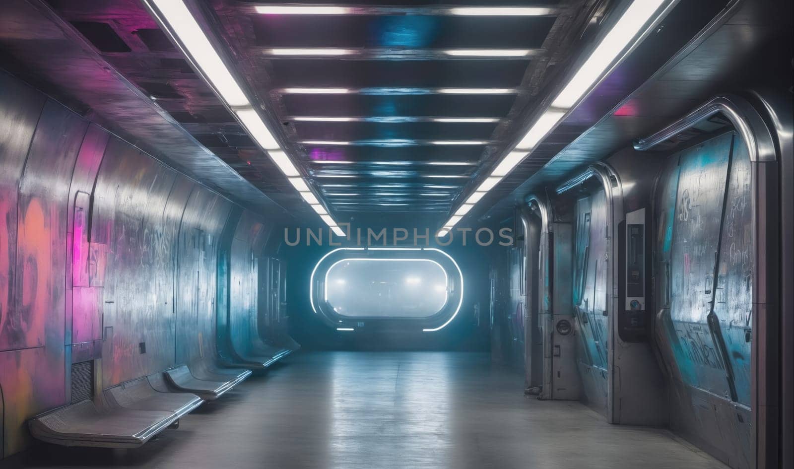 A long, metal hallway with fluorescent lights is illuminated with a bright white glow, leading to an open space at the end. The walls are covered with graffiti, mostly in shades of blue and pink. There are benches on the left side of the hallway and a door on the right. The hallway is empty, and the lighting is bright, creating a stark, almost futuristic atmosphere.