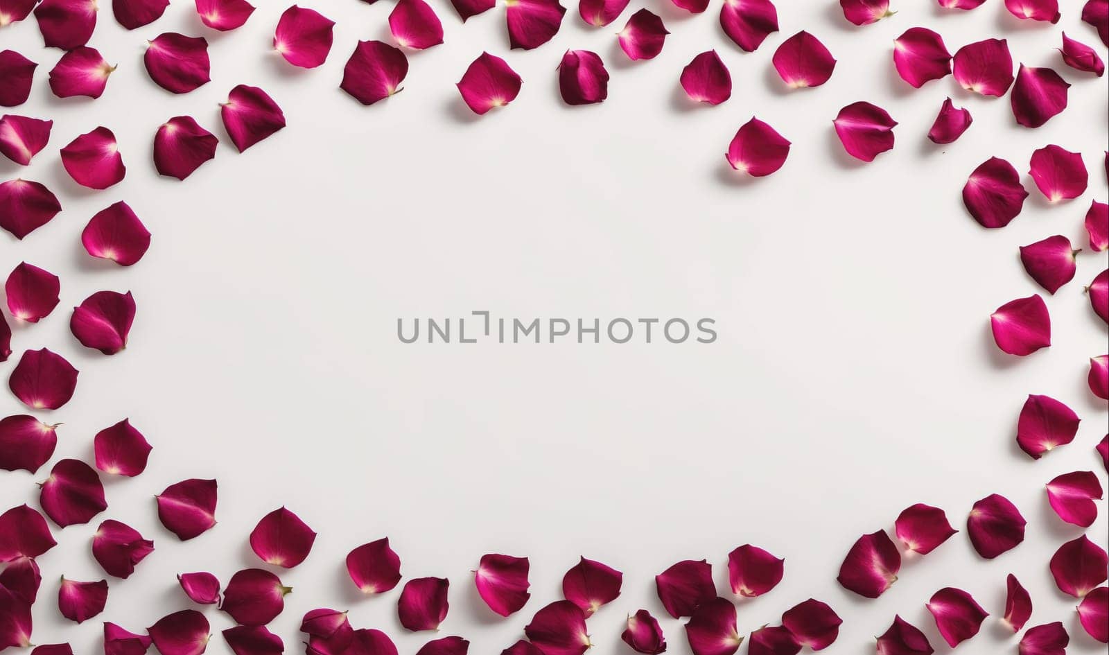 A frame of red rose petals surrounds a blank white space. The petals are scattered around the edges of the frame, with some overlapping. The petals are a deep red color and have a slightly velvety texture.