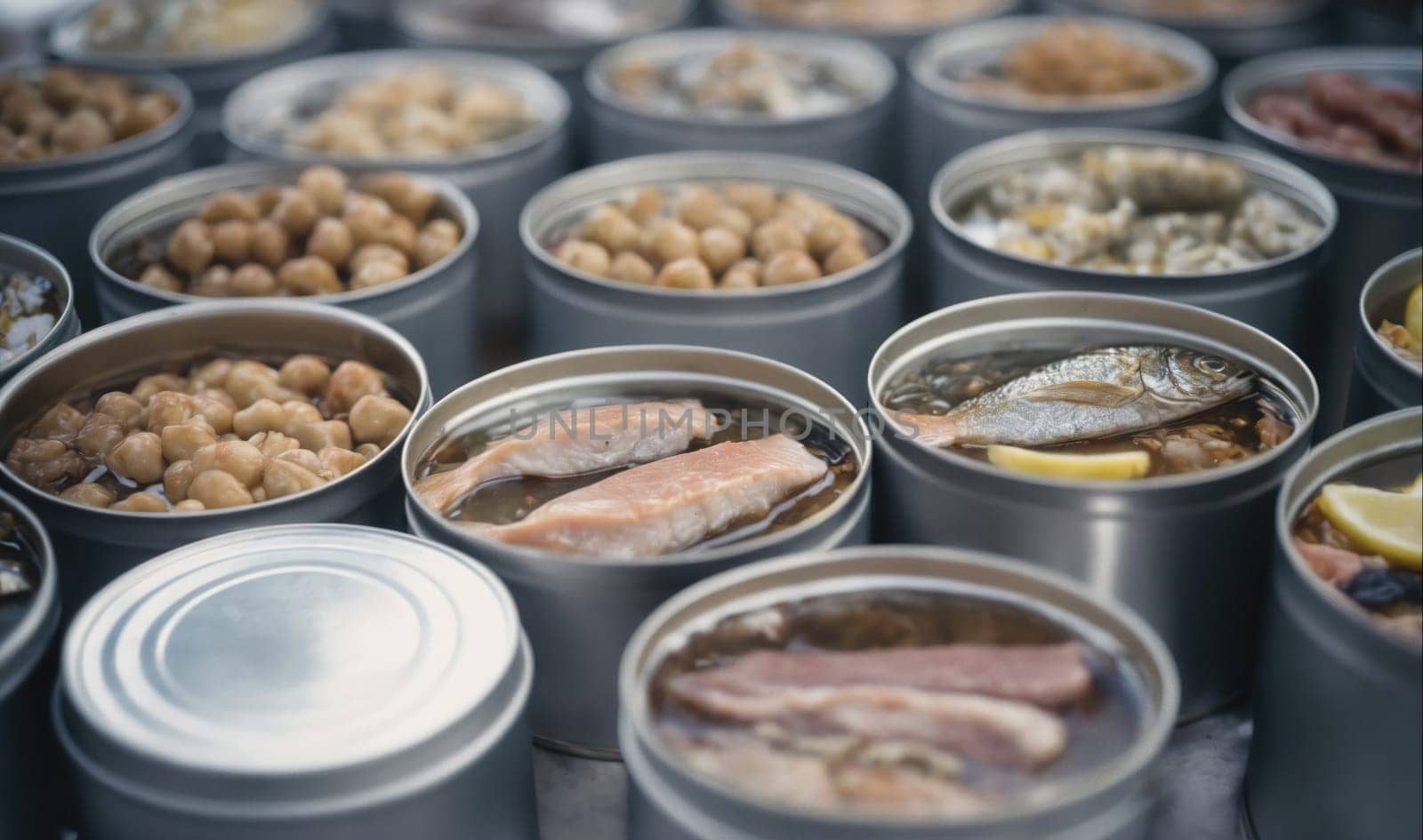 Canned food in metal containers is on a table, some cans are open with various foods in liquid. There is fish, a meat-like product, and beans.