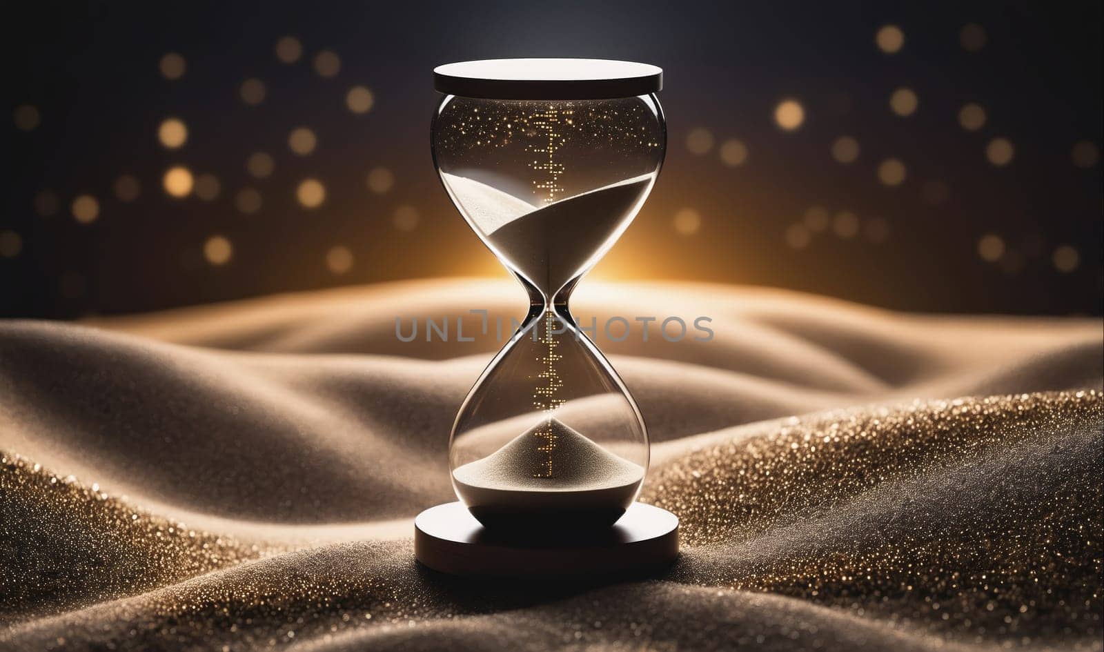 A glass hourglass, with a metal top and base, rests on a surface of shimmering sand. The sand inside the hourglass is flowing through the narrow passage between the top and bottom bulbs. Out of focus golden lights appear in the background.