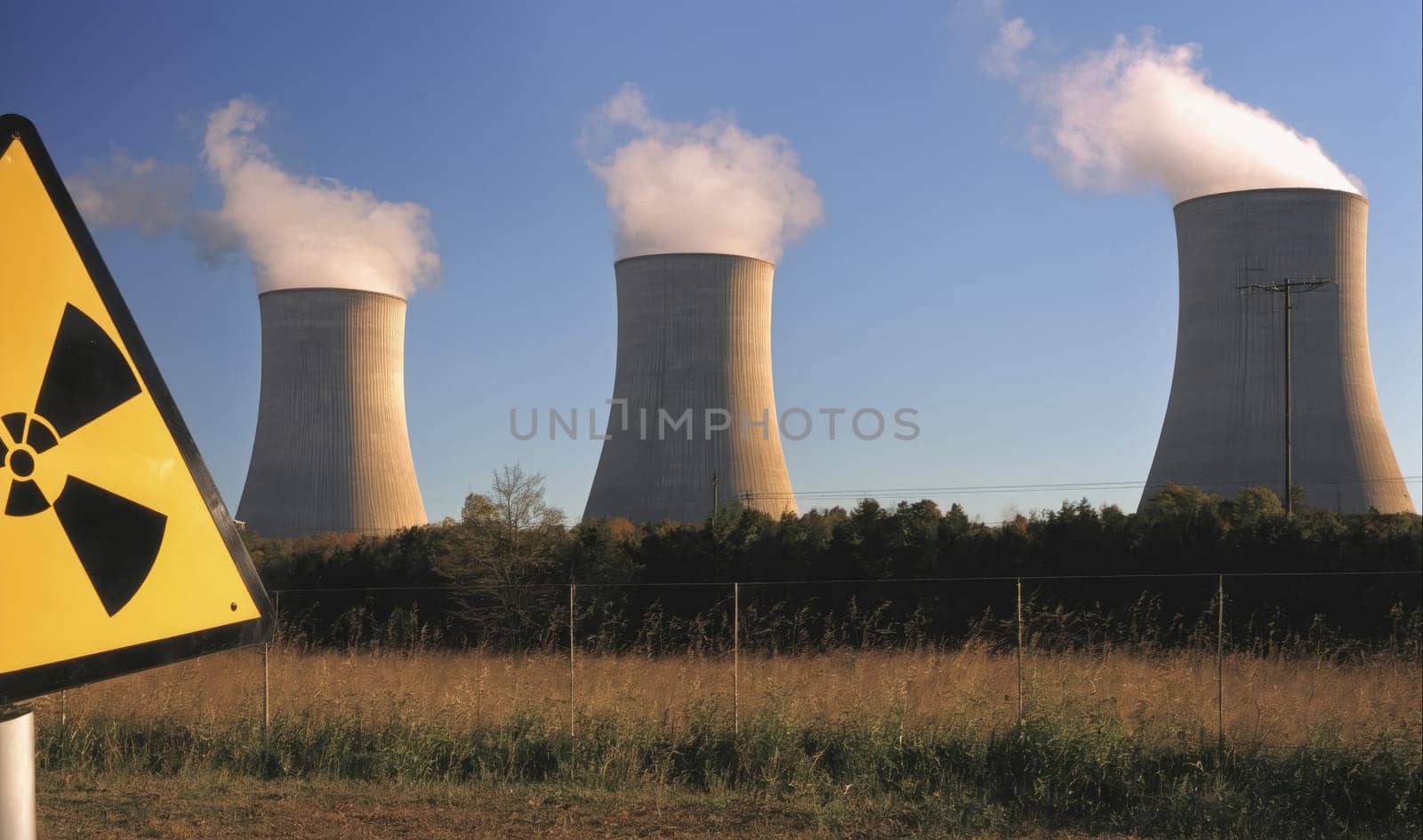 The image shows three cooling towers releasing steam into the air, with a yellow warning sign in the foreground. The towers are tall and cylindrical, with a wide base. They are made of concrete and have a gray color. The steam is white and billows into the sky. The sign is triangular and has a black radiation symbol on a yellow background. It is standing in a field of grass, with a fence behind it. The sky is blue and there are trees in the background.