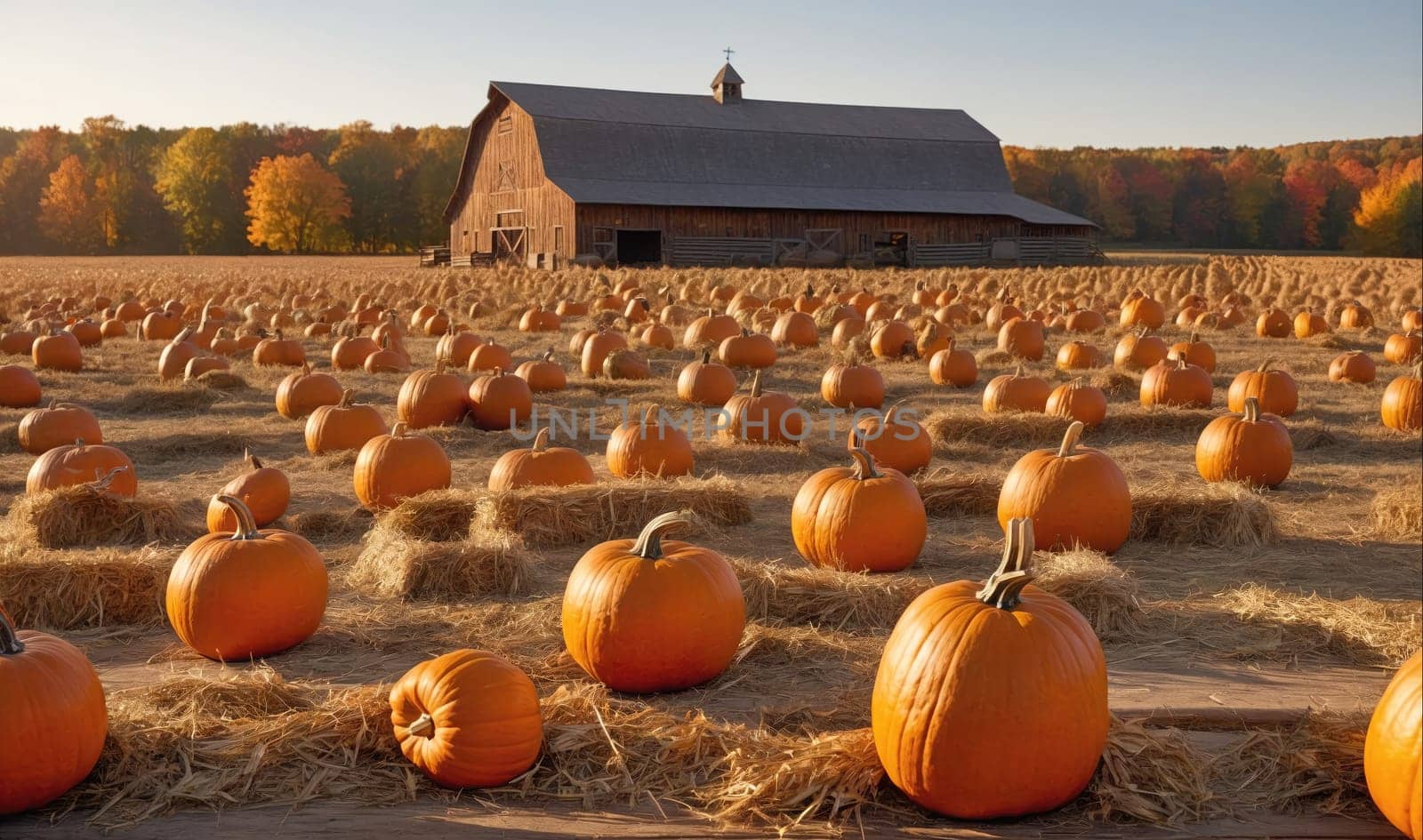 A large red barn with a weathered wood exterior sits in the background of the image. A field of pumpkins fills the foreground. The pumpkins are ripe and orange, and they are nestled in straw bales. The field is surrounded by trees, some of which are turning yellow and orange. The sun is shining brightly, and the sky is a clear blue.