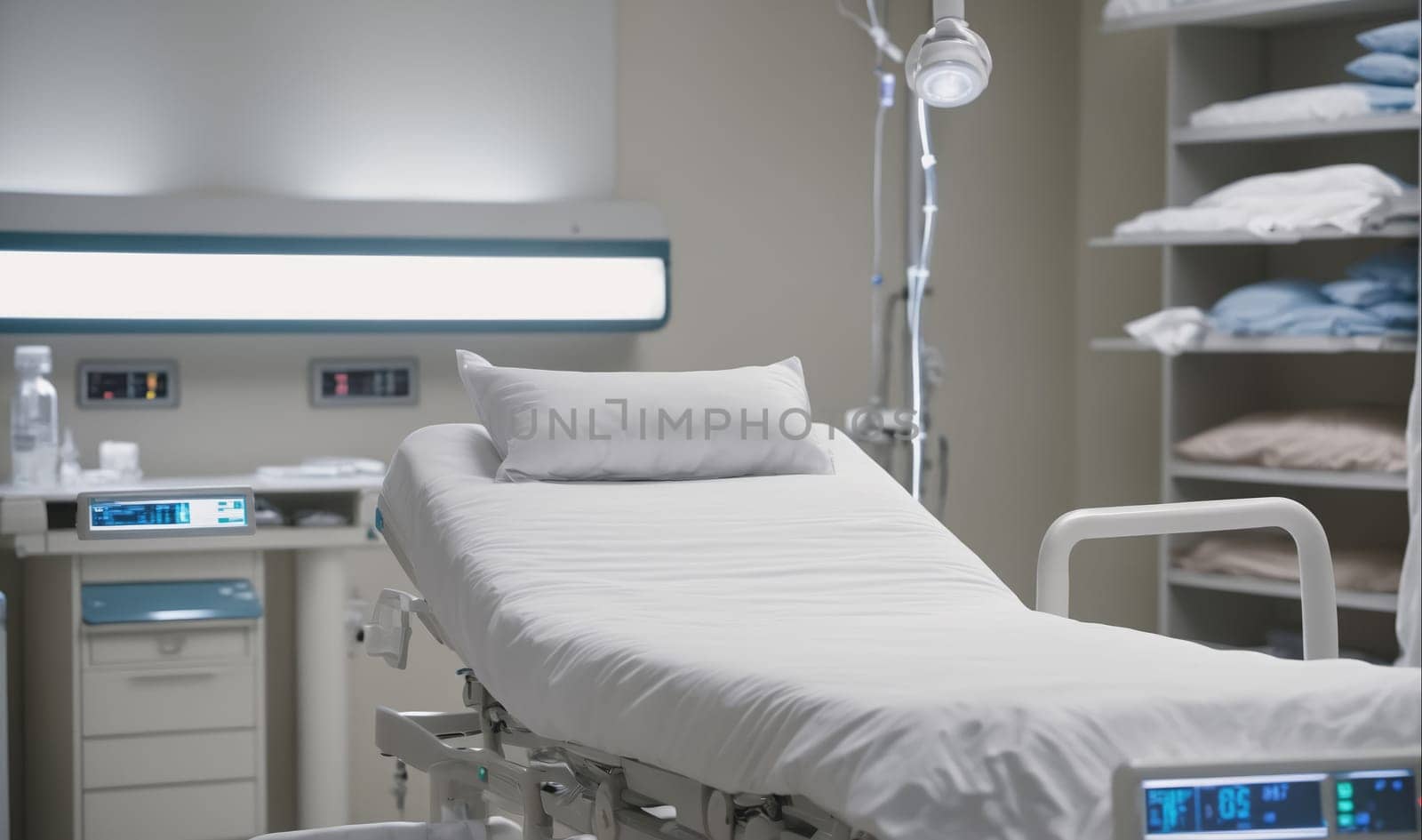 A hospital bed is shown in a modern hospital room with white walls, a white ceiling, and a white floor. The bed is empty and has a white sheet and pillow. There is a medical device on the side of the bed. In the background is a white shelf with white pillows and blue towels on it.