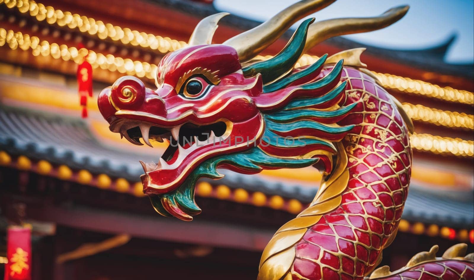 The image shows a close-up of a dragon statue, possibly used in a Chinese New Year celebration. The statue is made of red and gold paint and is decorated with intricate details. The dragon's head is facing the right side of the image and its mouth is open, revealing sharp teeth. The dragon's body is coiled around a pillar or other structure, and its scales are visible. The background of the image is blurred and shows a traditional Chinese temple, with red lanterns hanging from the eaves. The temple is adorned with golden trim and the light from the lanterns creates a warm, inviting atmosphere.