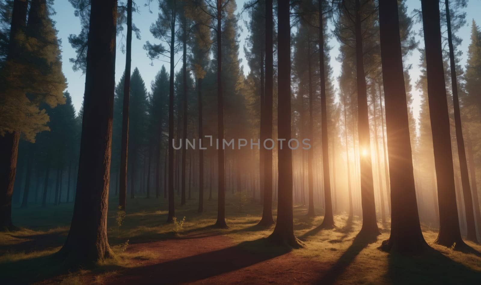 A view of a dense forest with many trees and the setting sun shining through the branches.