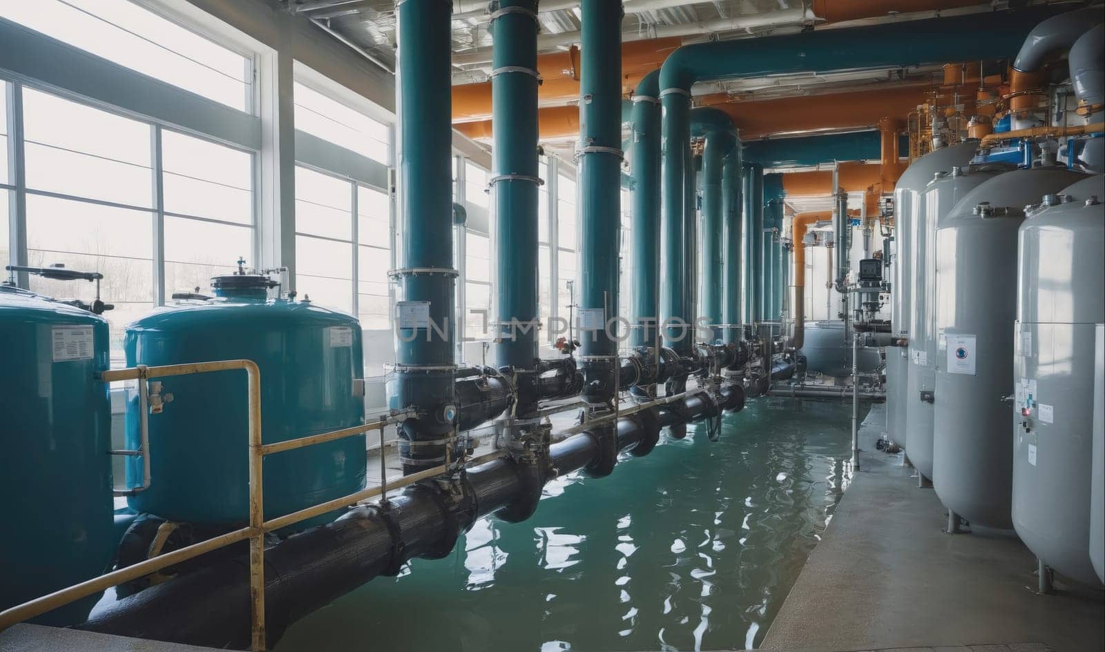 An industrial building contains water treatment equipment. Several large tanks are present in the facility, and a row of large pipes is visible. The pipes extend from the ceiling and connect to the tanks. The pipes and tanks are connected to a large pool of water. The water reflects the overhead lights.