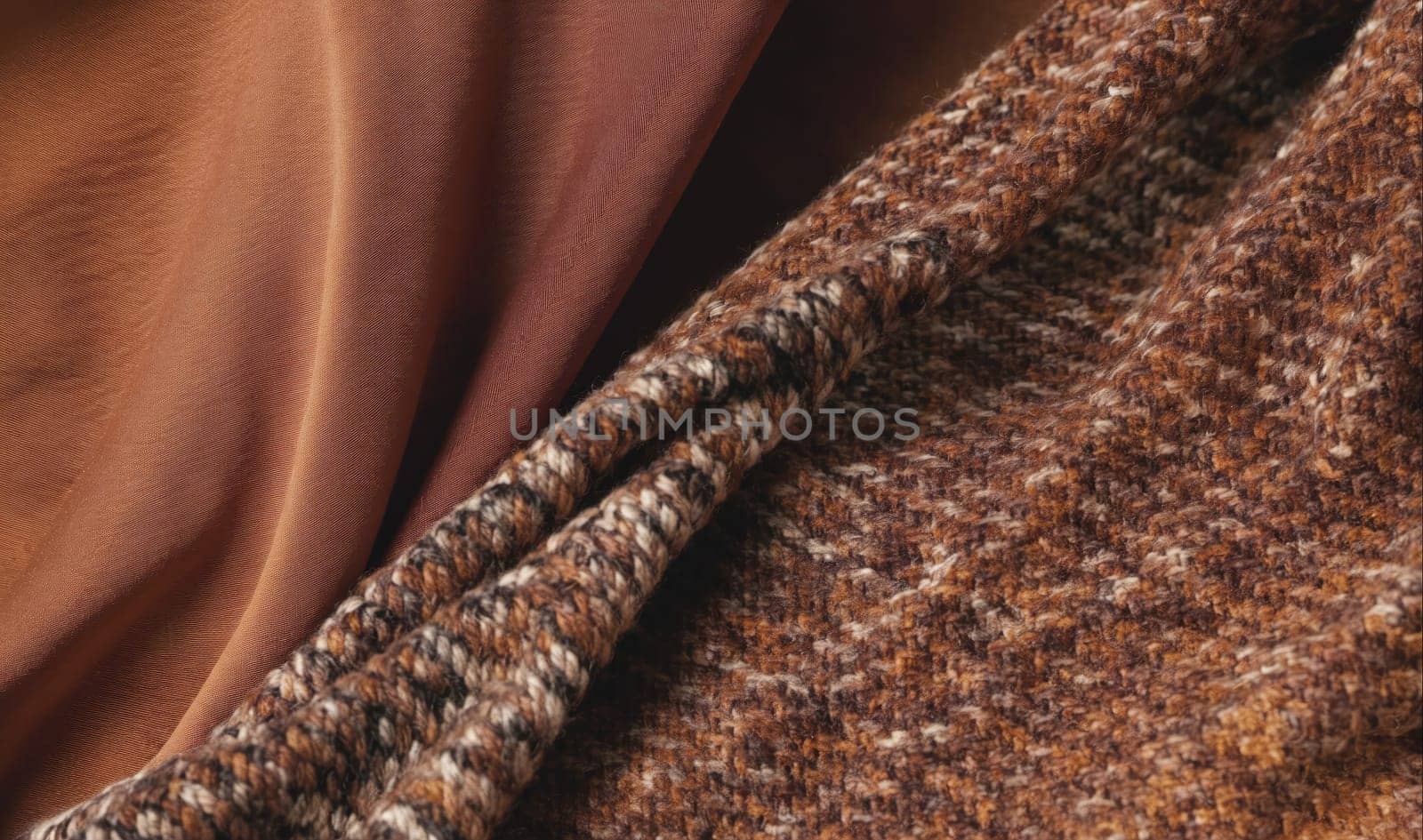 Two different fabrics, one smooth and one textured, both in a brown color. The smooth fabric is on top of the textured fabric, and the two are draped over each other.