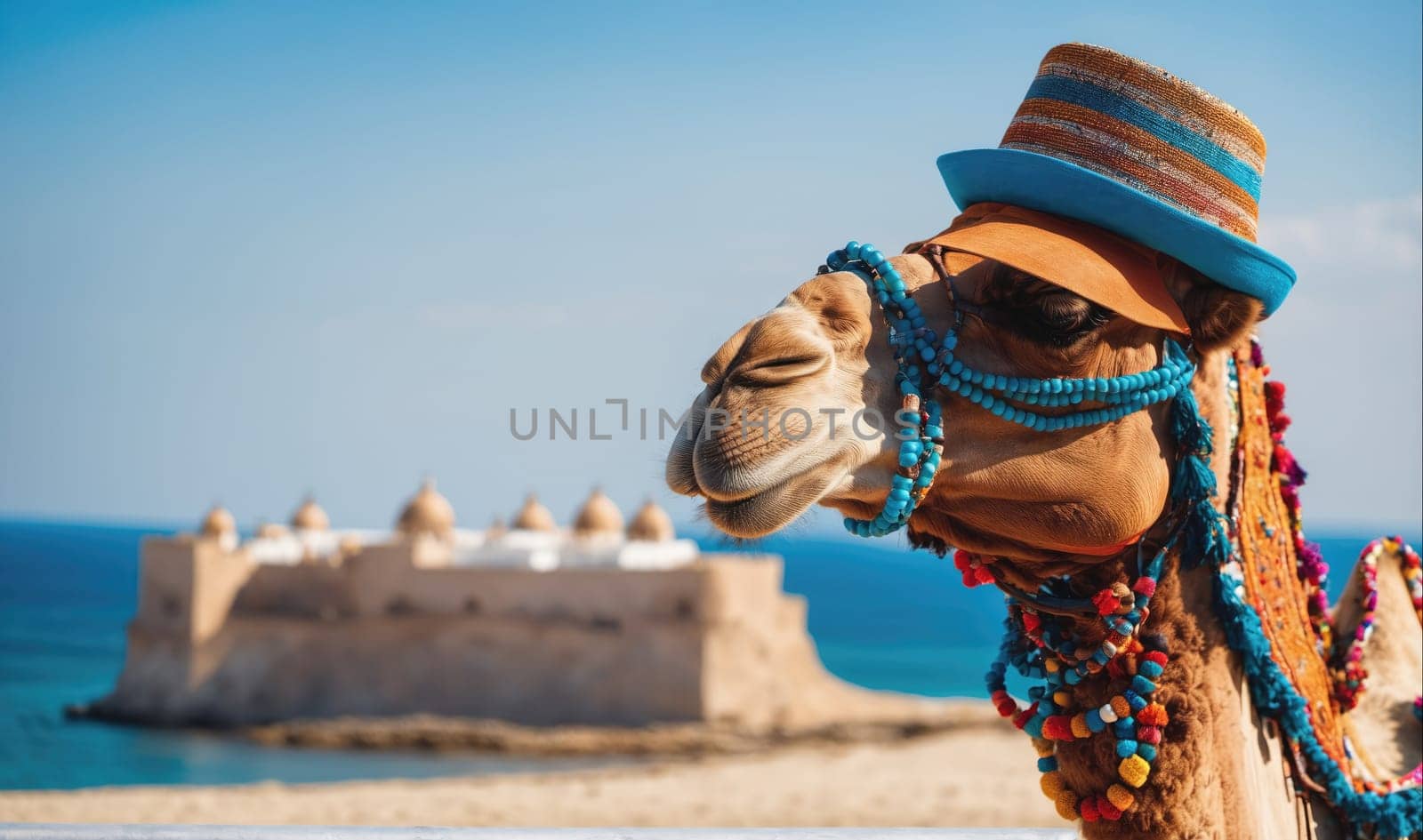 A camel is wearing a blue and brown hat with a tan brim and decorated with multi-colored beads. The camel is standing on a sandy beach near a stone fortress that is partially visible in the background. The ocean is visible behind the fortress.