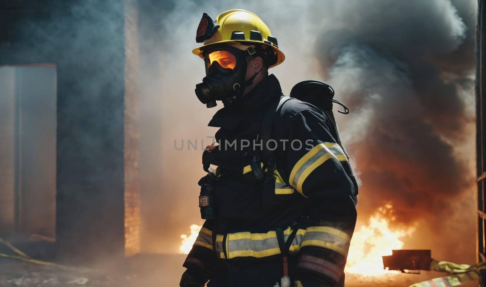 The image shows a firefighter wearing a respirator and protective gear. The firefighter is standing in front of a burning building. There is smoke in the air and flames visible in the background.
