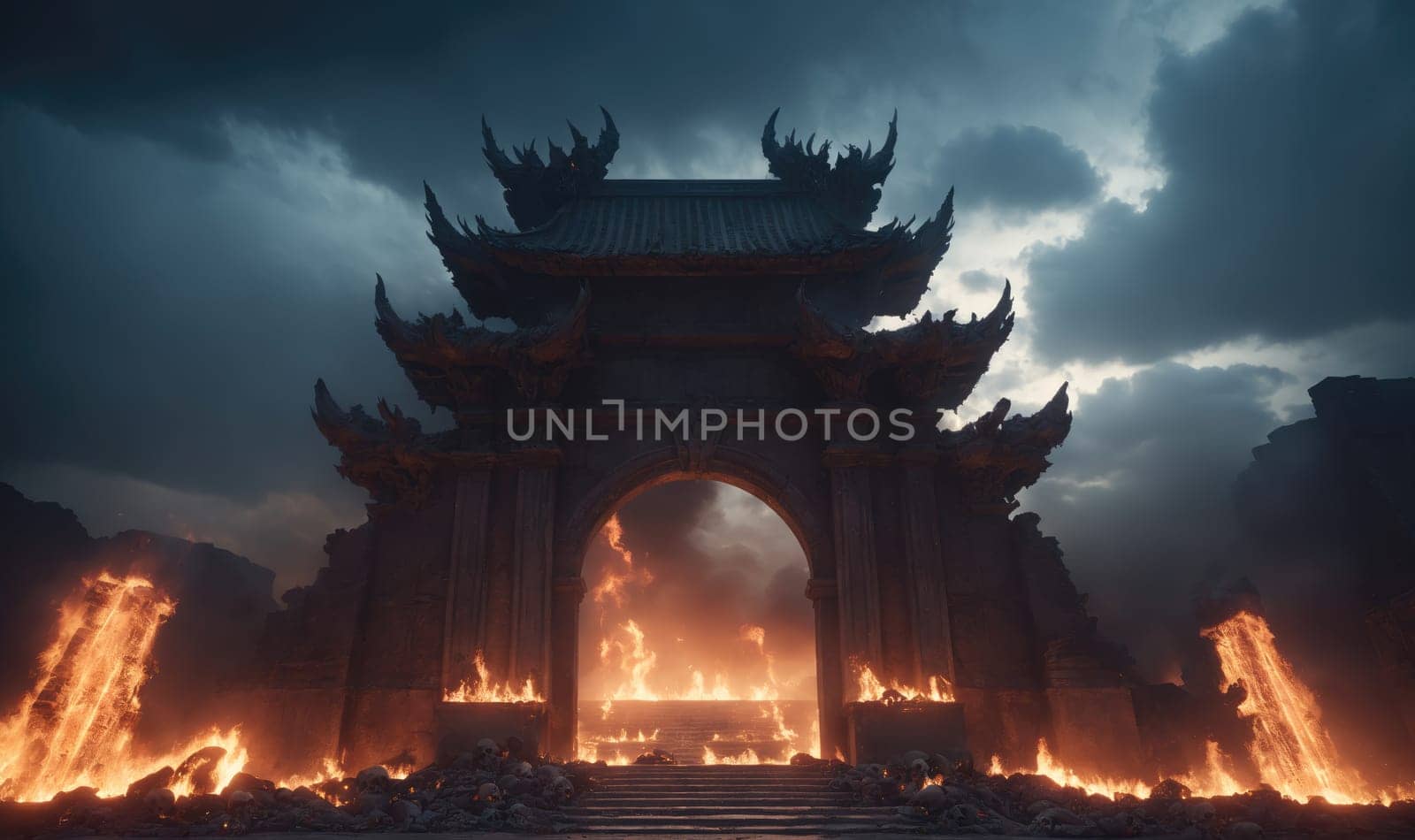 A large stone archway with a decorative top sits in front of a dark, stormy sky. Fire burns around the archway, engulfing the entire structure. The fire appears to be coming from behind the archway. The fire is bright orange and yellow and there is smoke rising from it. The sky is dark blue and gray, with a few dark clouds.