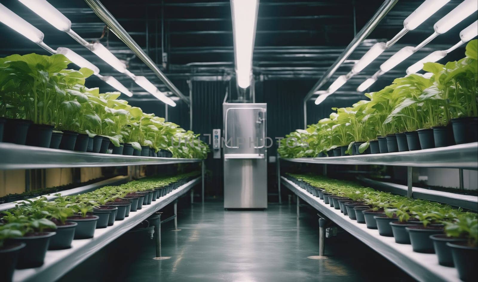 A long, narrow room with rows of plants on shelves on either side. The plants are illuminated by bright, white lights. In the center of the room, a stainless steel machine stands tall, surrounded by a clean, concrete floor. The room is clean and well-lit, providing the perfect environment for plant growth.