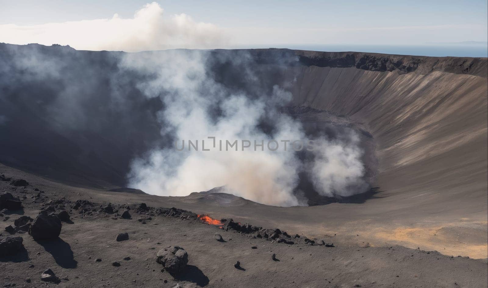 A large volcanic crater is filled with white smoke, billowing out of the top. The crater is surrounded by black rock and a faint orange glow can be seen at the bottom of the crater.