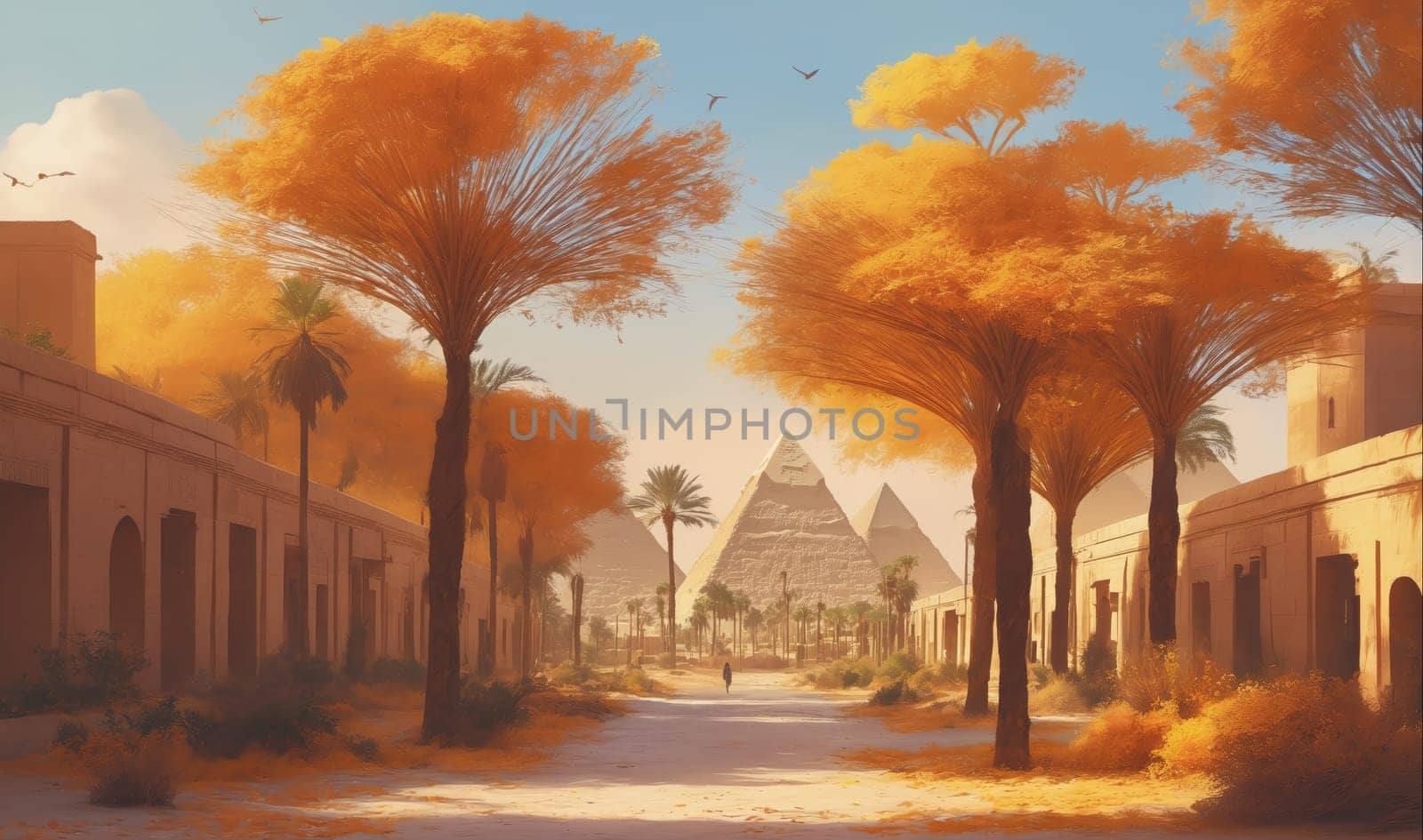 A lone figure walks down a path lined with palm trees and ancient buildings towards the great pyramids of Giza. Golden sunlight bathes the scene, casting long shadows on the ground. The sky is a soft blue with wispy clouds.