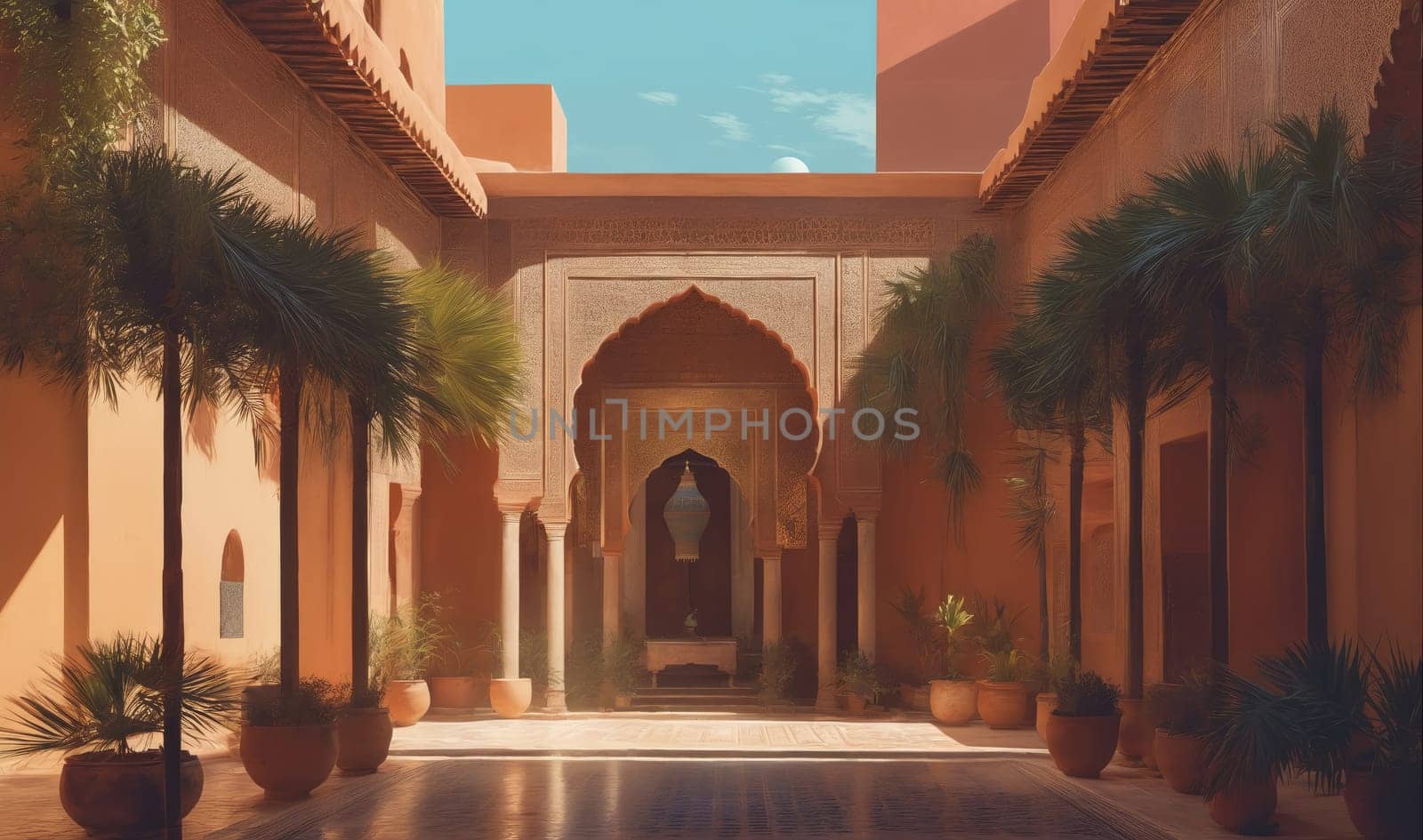 The image shows an ornate courtyard in a building. The courtyard has a reflecting pool and is surrounded by palm trees in pots. The building is made of brown stone and has arches. There is light streaming in from the sky.