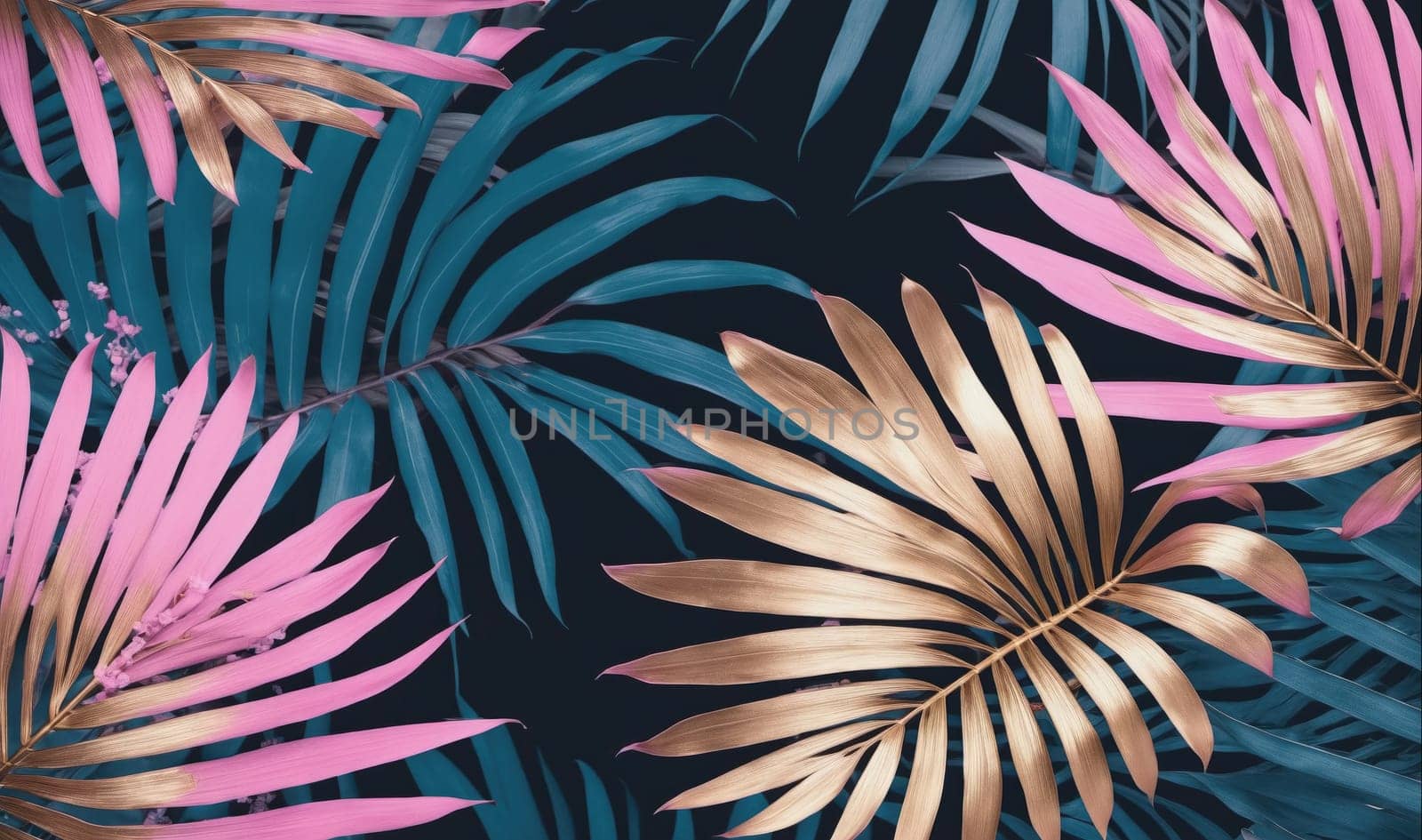 A colorful image of palm leaves against a dark background. One leaf is predominantly pink with some gold highlighting, while another is a deep gold. A teal-colored leaf is also in the image.