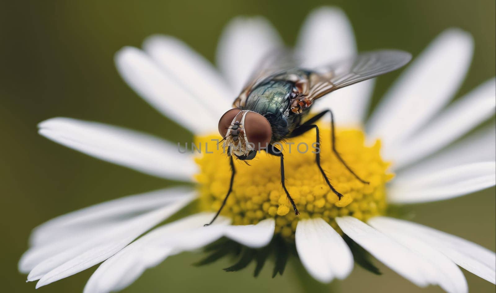 A fly is perched on a daisy flower with its wings open. The fly has red eyes, and the flower has white petals and a yellow center.