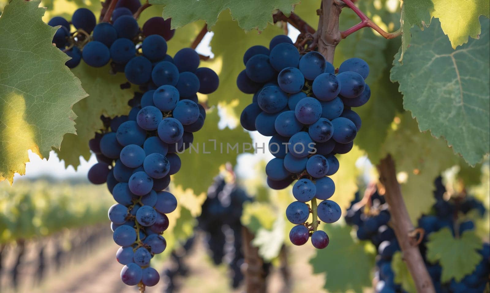 A close-up shot of two bunches of ripe grapes hanging from a vine in a vineyard. The grapes are dark blue and almost black, and the vine is green and lush. There are other grape vines in the background.
