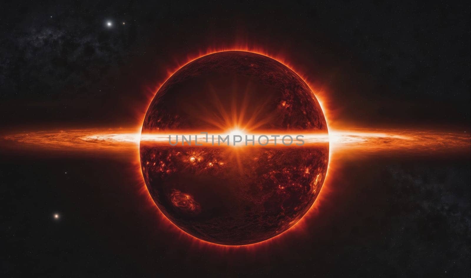 A star is burning brightly in the center of the image. The star is emitting a halo of orange light, with a thin ring of orange light surrounding the halo. This is set against a dark background, with a few small stars visible in the top left corner of the image.