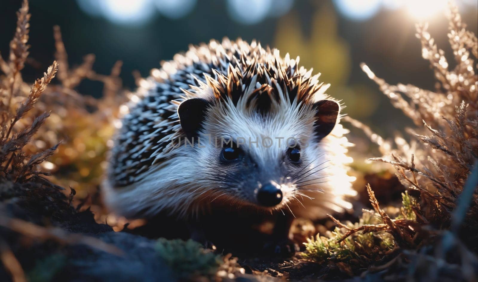 A hedgehog walks in the grass during the early morning hours. The sun is shining behind the hedgehog, creating a glow.