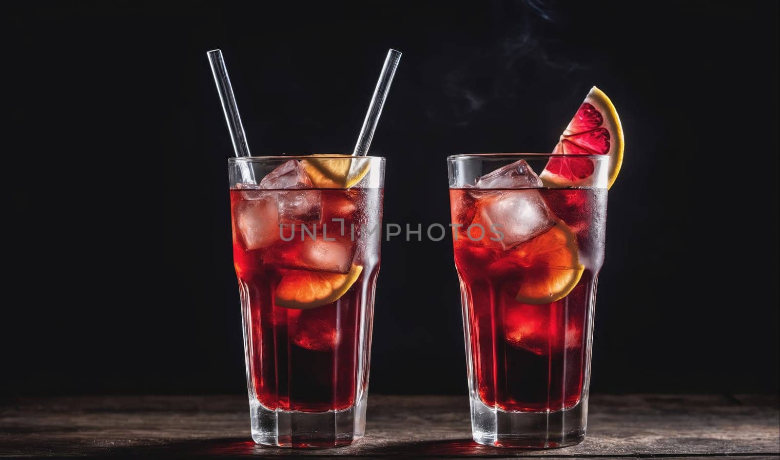 Two clear tall glasses filled with ice and red liquid sit on a dark wooden surface. One glass is garnished with an orange slice and the other is garnished with a slice of grapefruit. Both glasses are decorated with clear plastic straws. The image is shot on a black background.