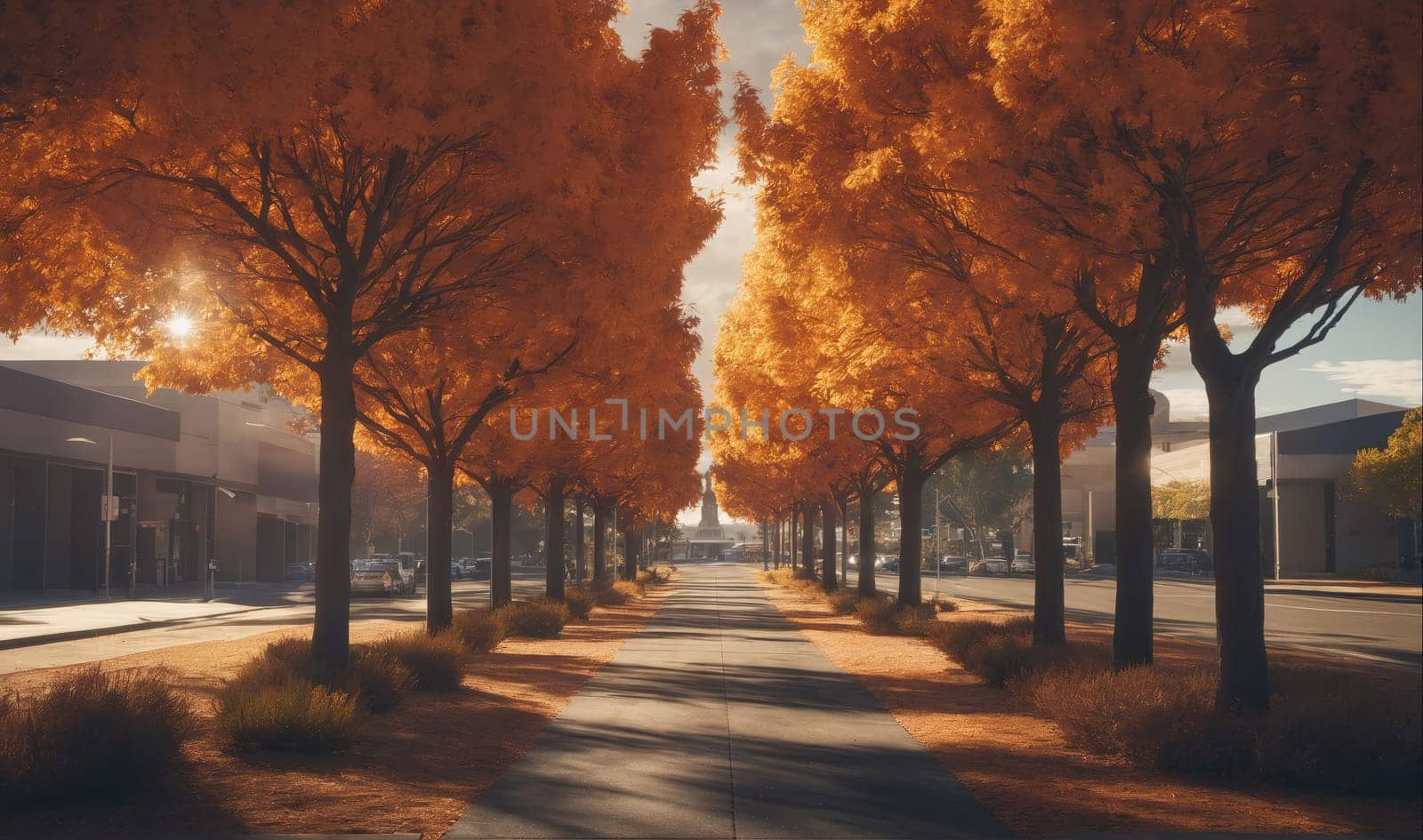 The image shows a street lined with tall trees. The trees are in full autumn foliage, with orange, yellow, and red leaves. The sun is shining, and the street is empty. There is a building in the distance, and the sidewalk is paved with concrete.