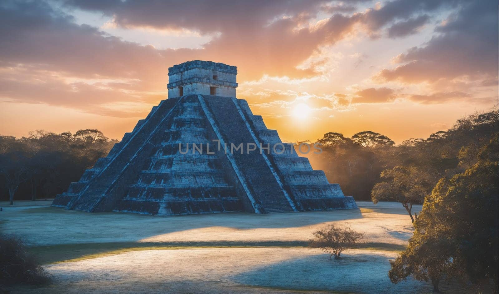 The El Castillo pyramid is located in the ancient Mayan city of Chich?n Itz?. The pyramid is a significant archaeological site and is a popular tourist destination. The sun is shining brightly in the sky.