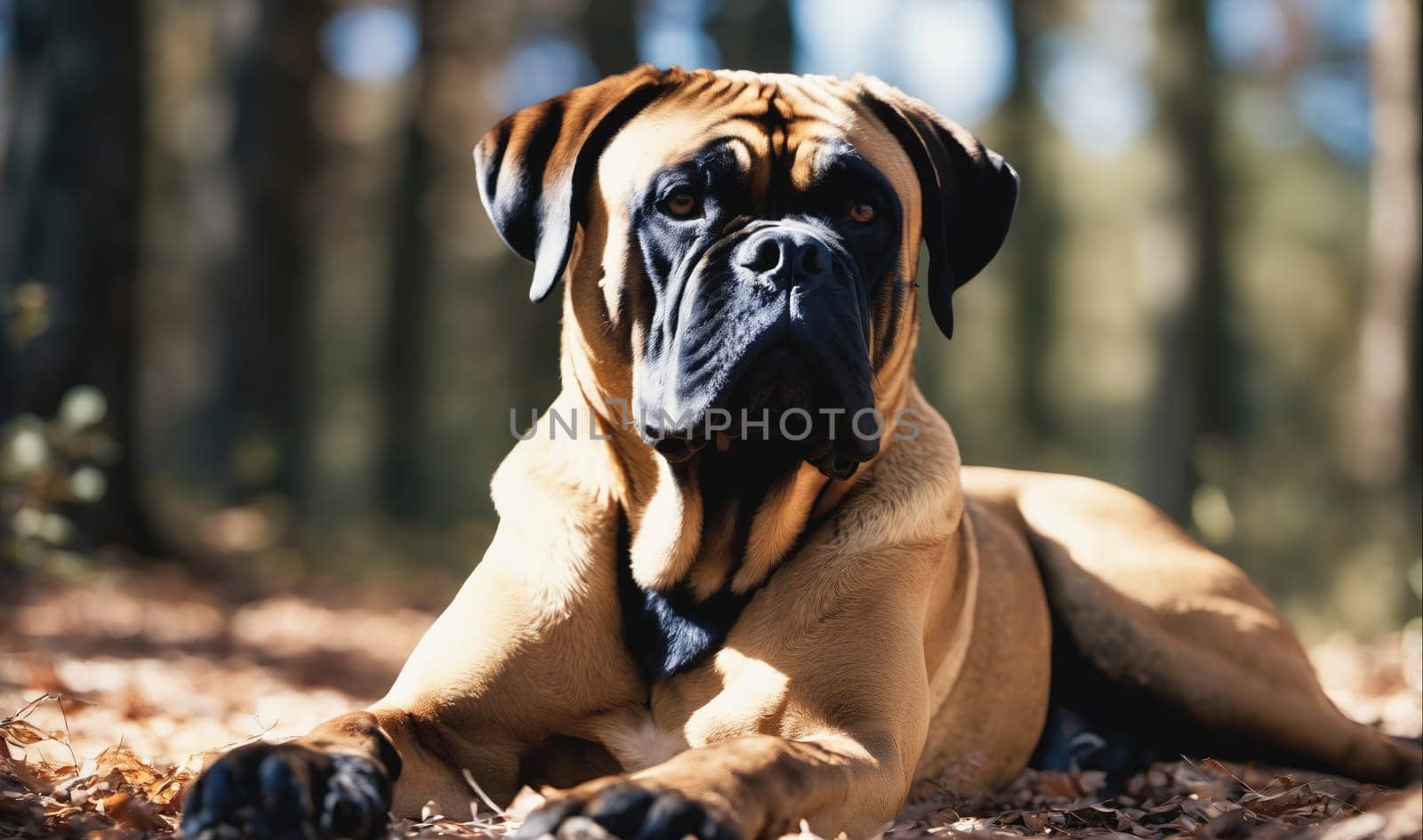 A large, tan and black bullmastiff lays on the ground in the woods. The dog has its head raised and is looking straight at the camera. The forest floor is covered in brown leaves and the sunlight is shining through the trees.