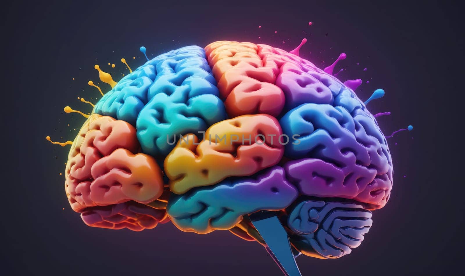 A 3D model of a human brain is rendered in a vibrant array of colors. The brain is depicted in a side view, with the lobes clearly defined. Paint splatters outwards from the surface of the brain, suggesting a burst of energy or creativity. The background is a dark gray, contrasting with the colorful brain.