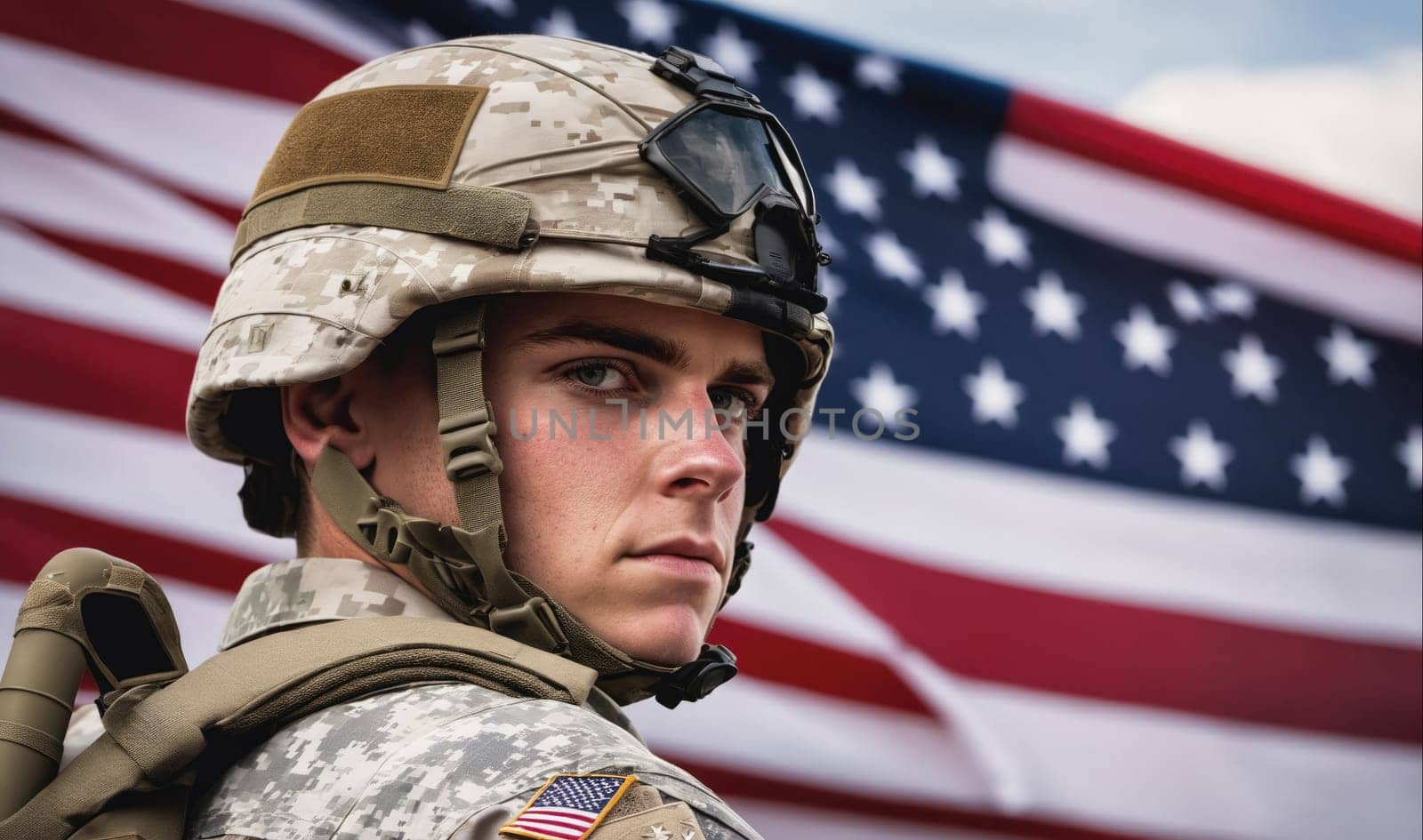A soldier is standing in front of an American flag. The soldier is wearing a helmet and camouflage uniform. The flag is waving in the wind. The soldier is looking intently at the camera.