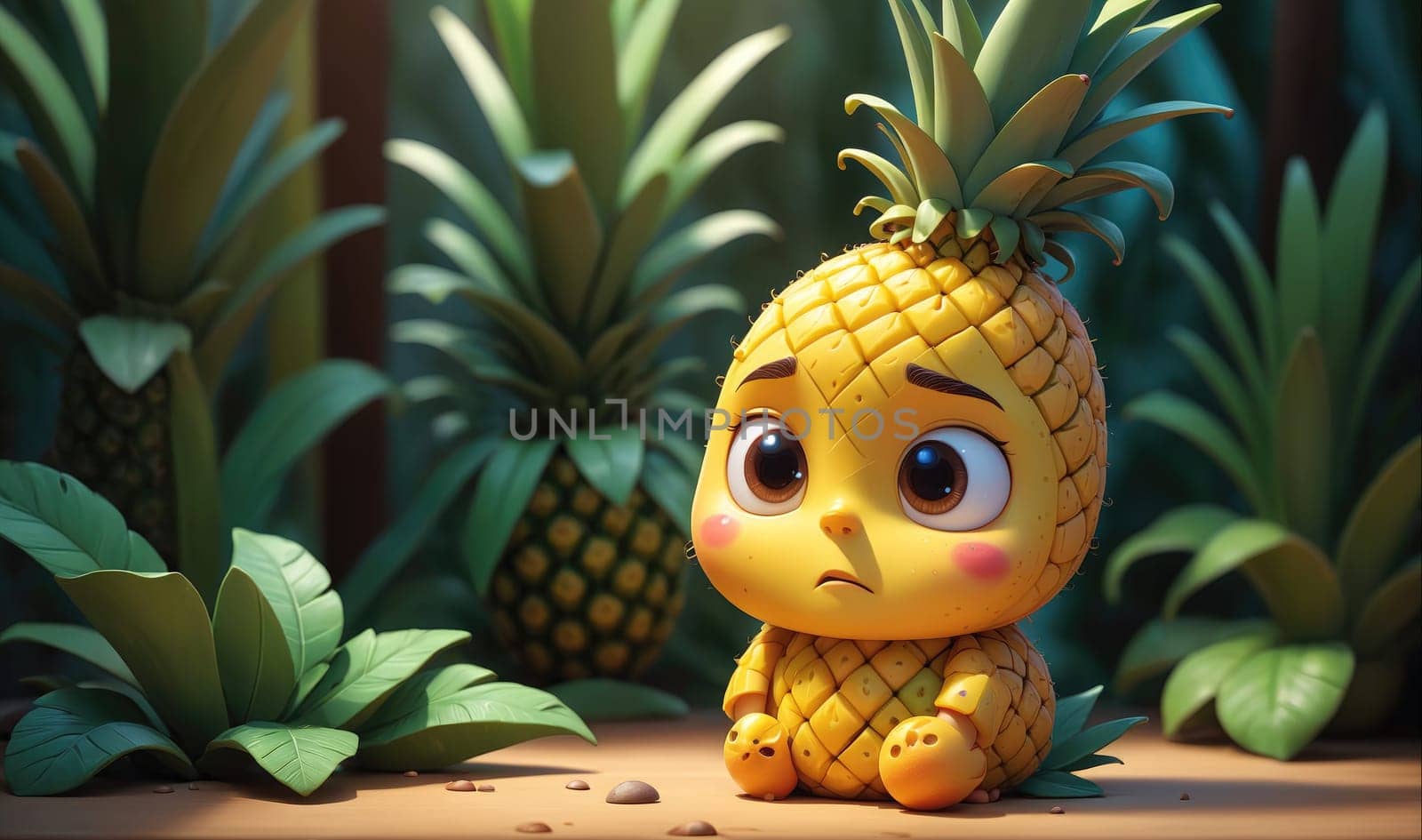 A cartoon pineapple character sits in a tropical setting with green plants and foliage around it. The pineapple has a sad expression on its face.